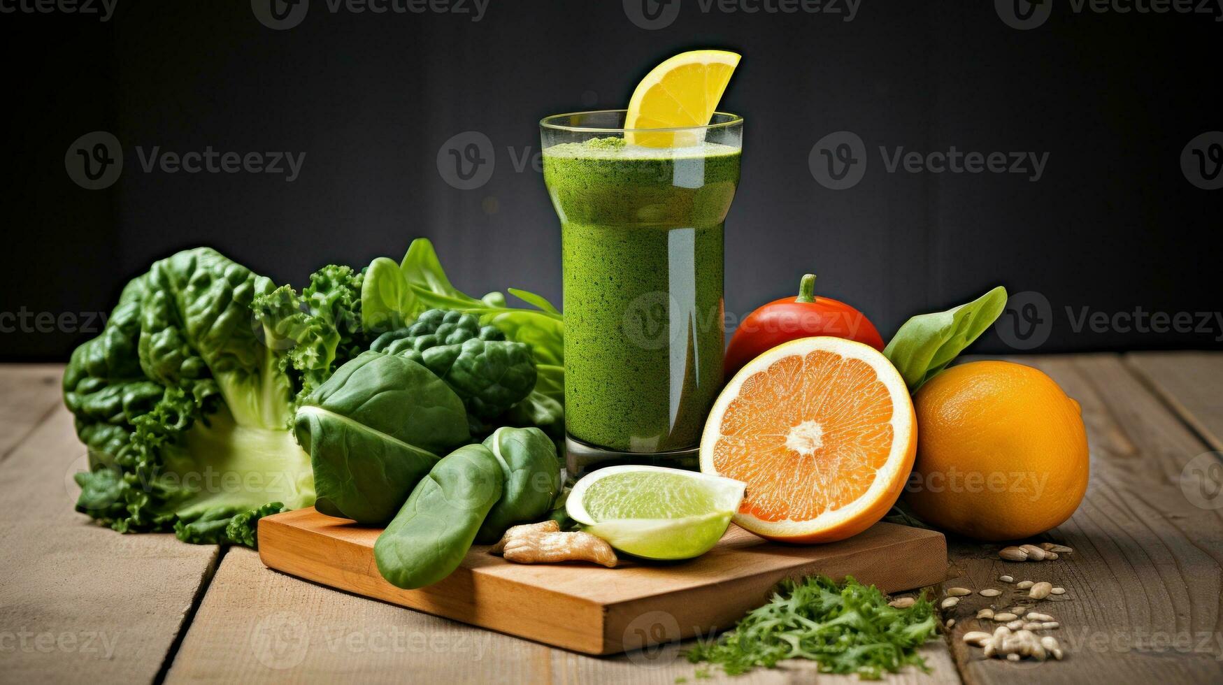 AI Generated A wooden table topped with a glass of green smoothie, AI photo