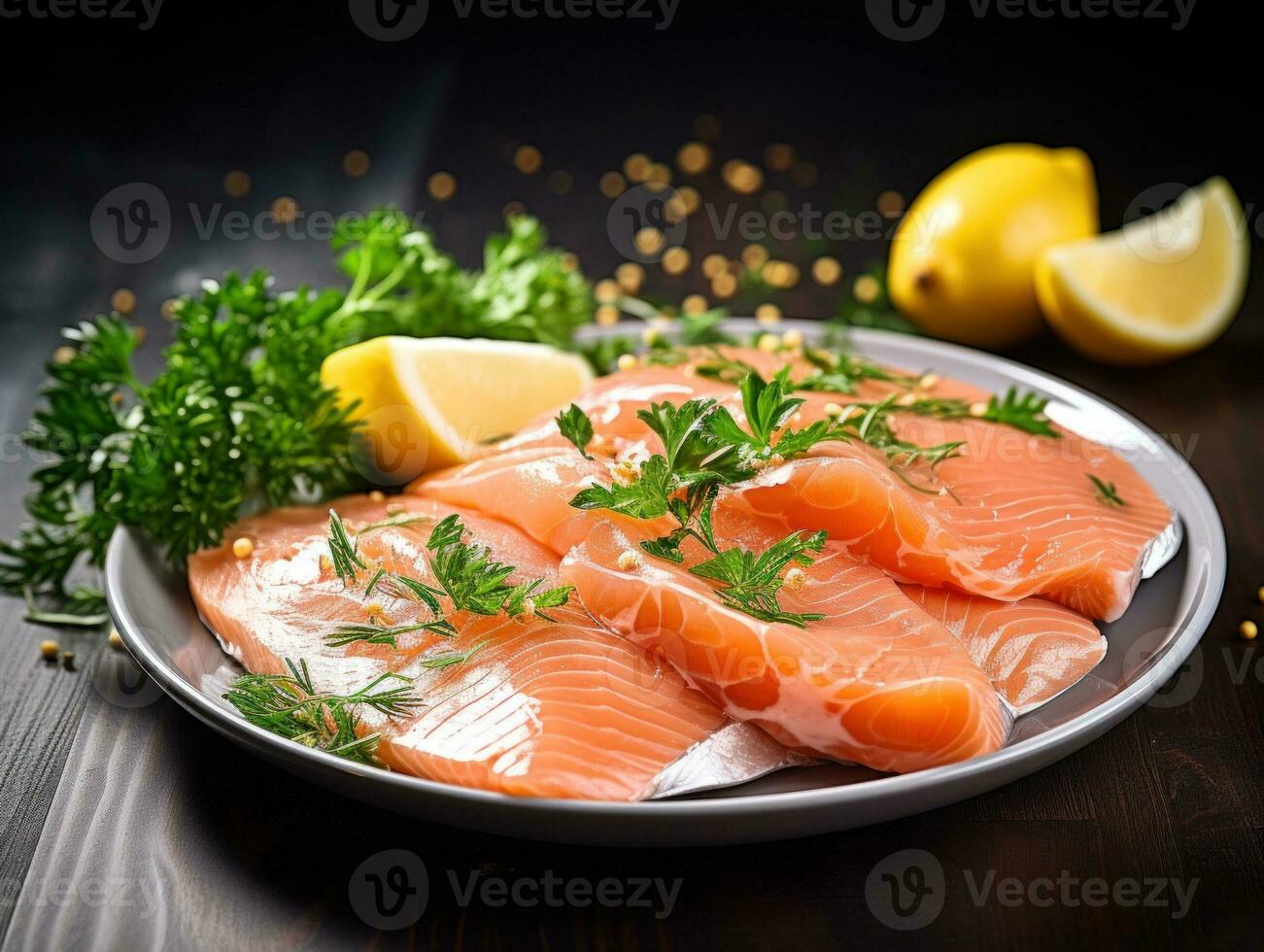 ai generado un plato de salmón con limones y perejil, ai foto