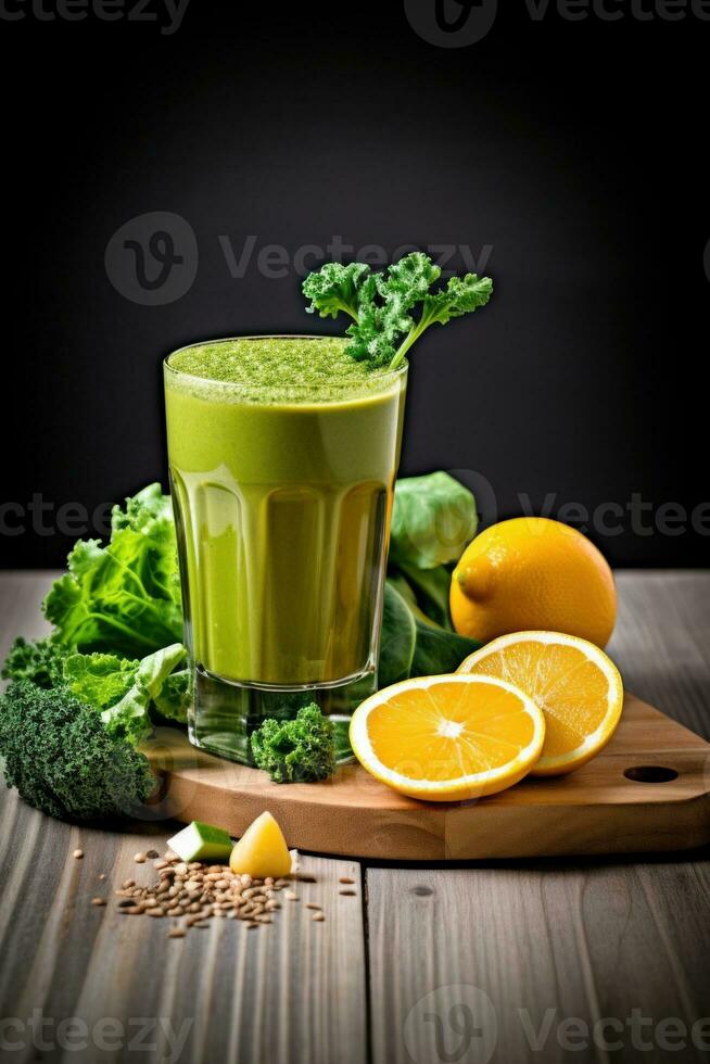 AI Generated A green smoothie with oranges and broccoli on a cutting board, AI photo