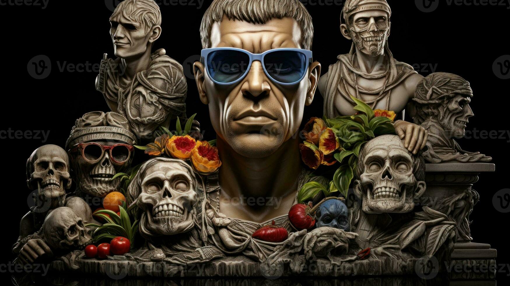 AI Generated A statue of a man with sunglasses and a bunch of skulls, AI photo