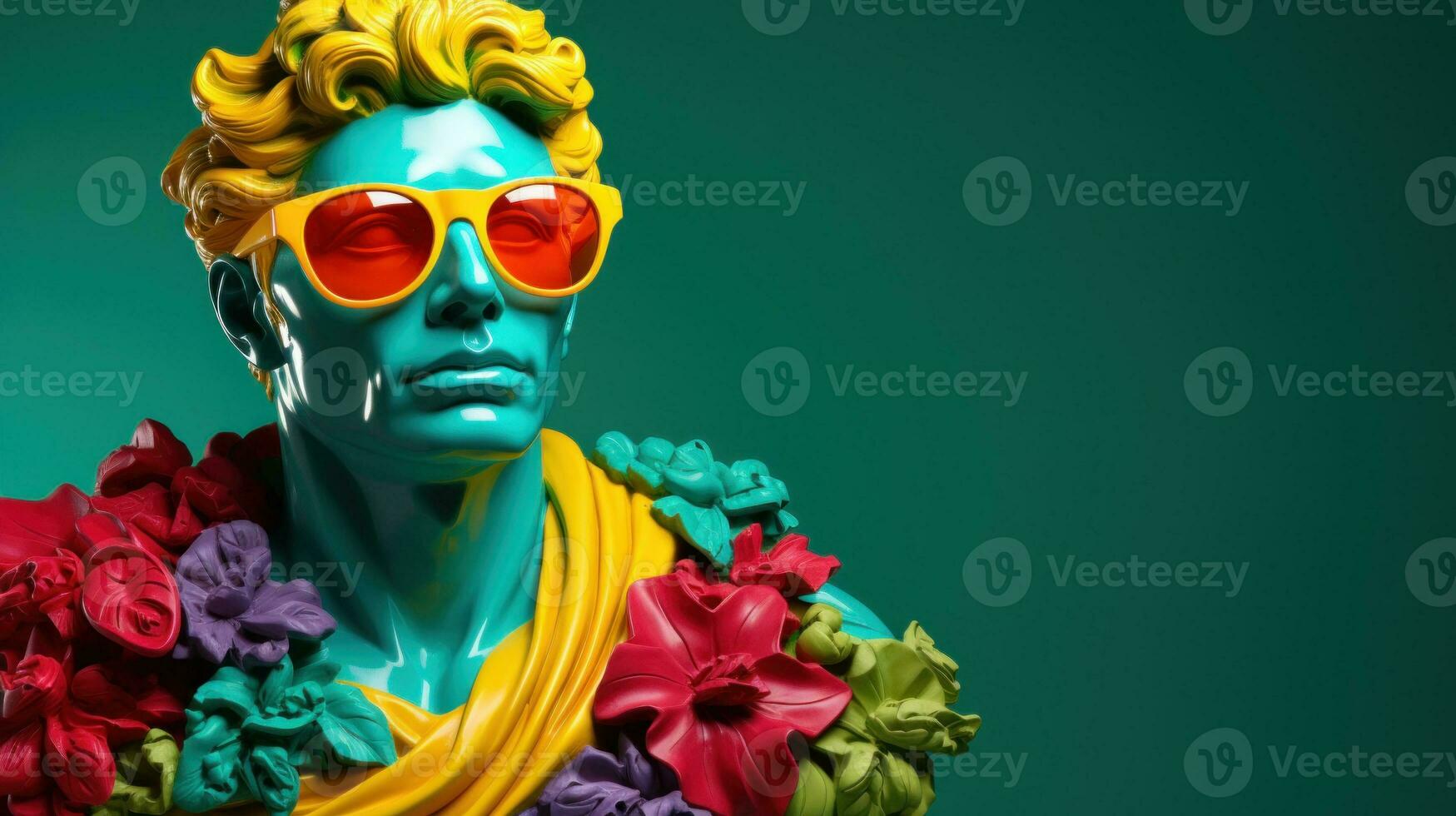 ai generado un estatua de un hombre con Gafas de sol y flores, ai foto