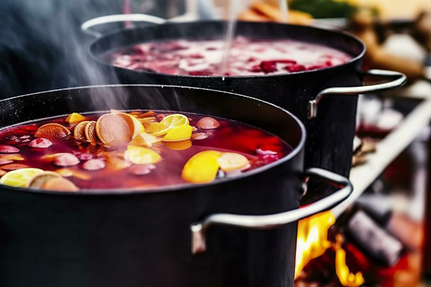 AI generated Beverages fruits and berries hot mulled wine in pots with steam in street food market. Generative AI photo