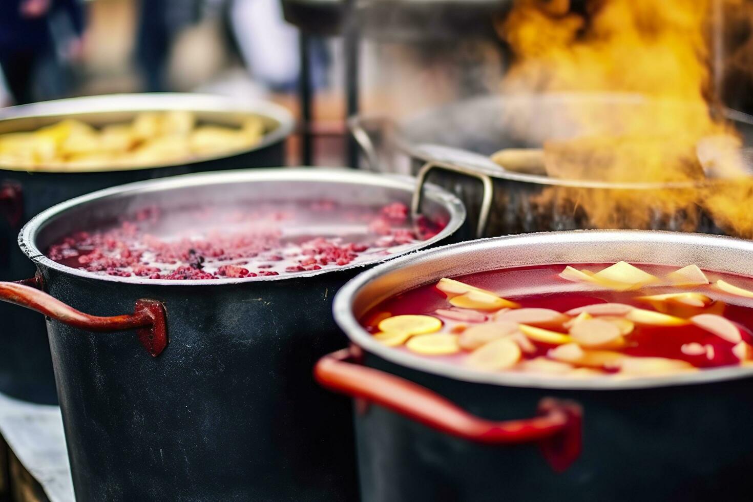 AI generated Beverages fruits and berries hot mulled wine in pots with steam in street food market. Generative AI photo