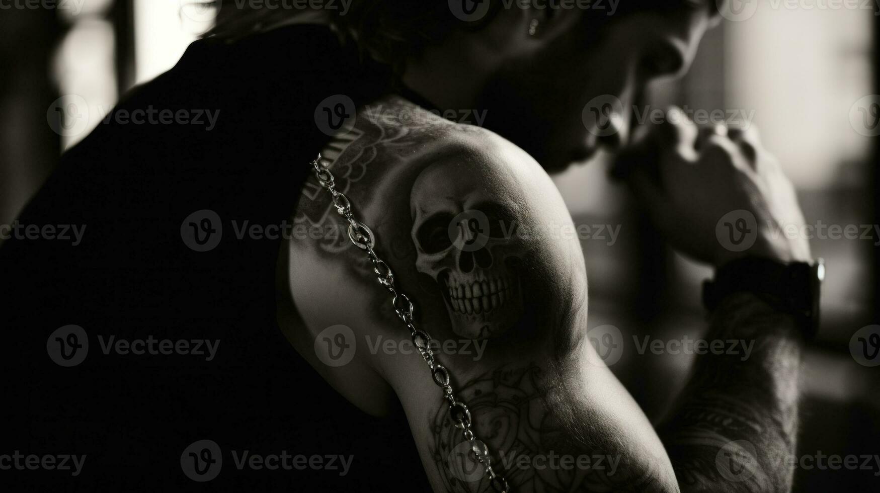 AI Generated A man with a skull tattoo on his arm, AI photo