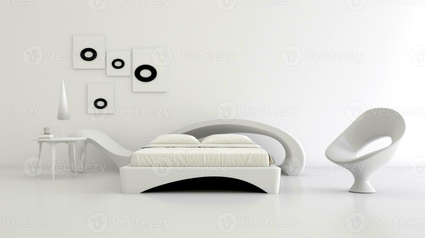 AI Generated A white bedroom with a bed and a chair, AI photo
