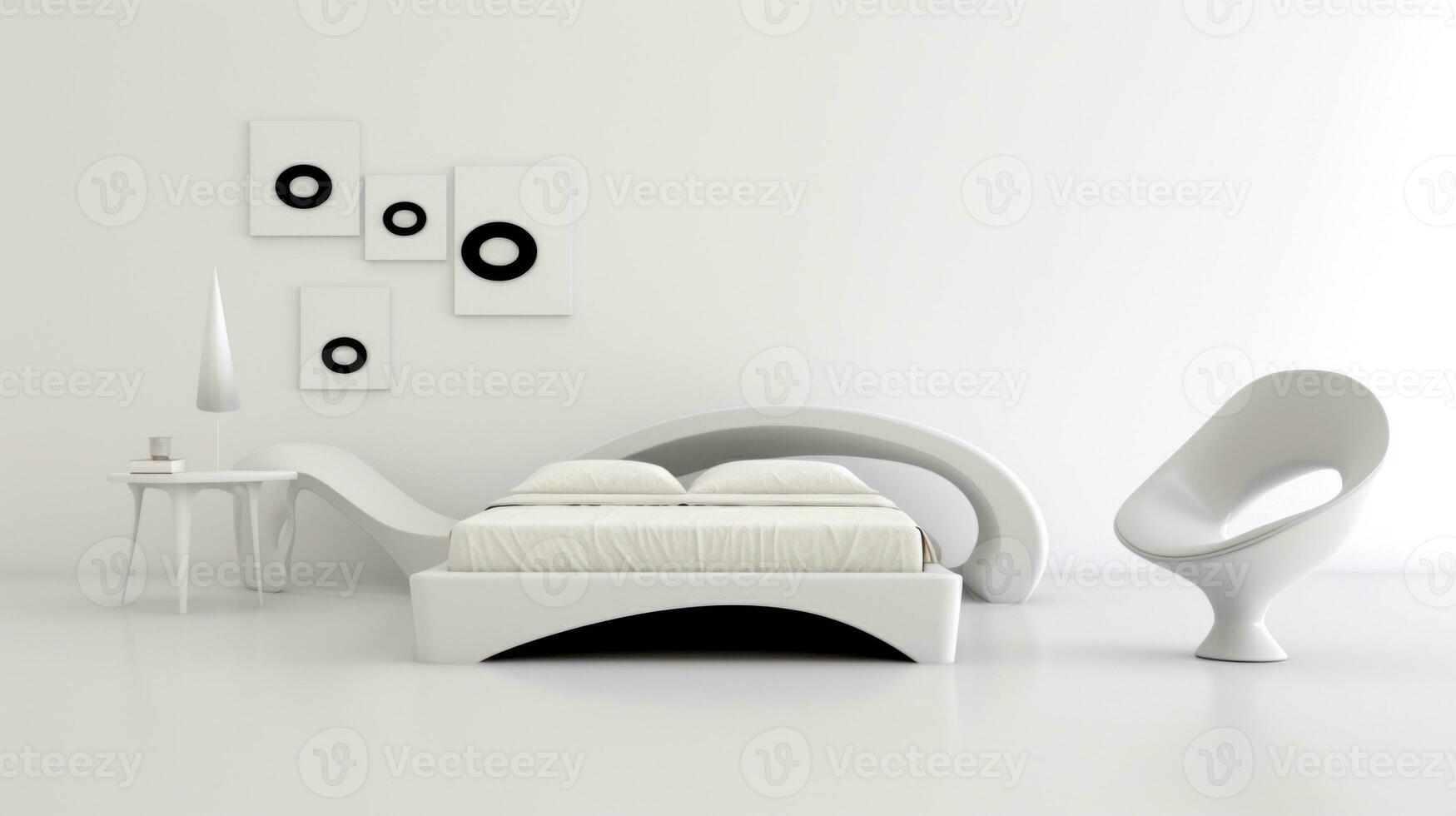 ai generado un blanco dormitorio con un cama y un silla, ai foto