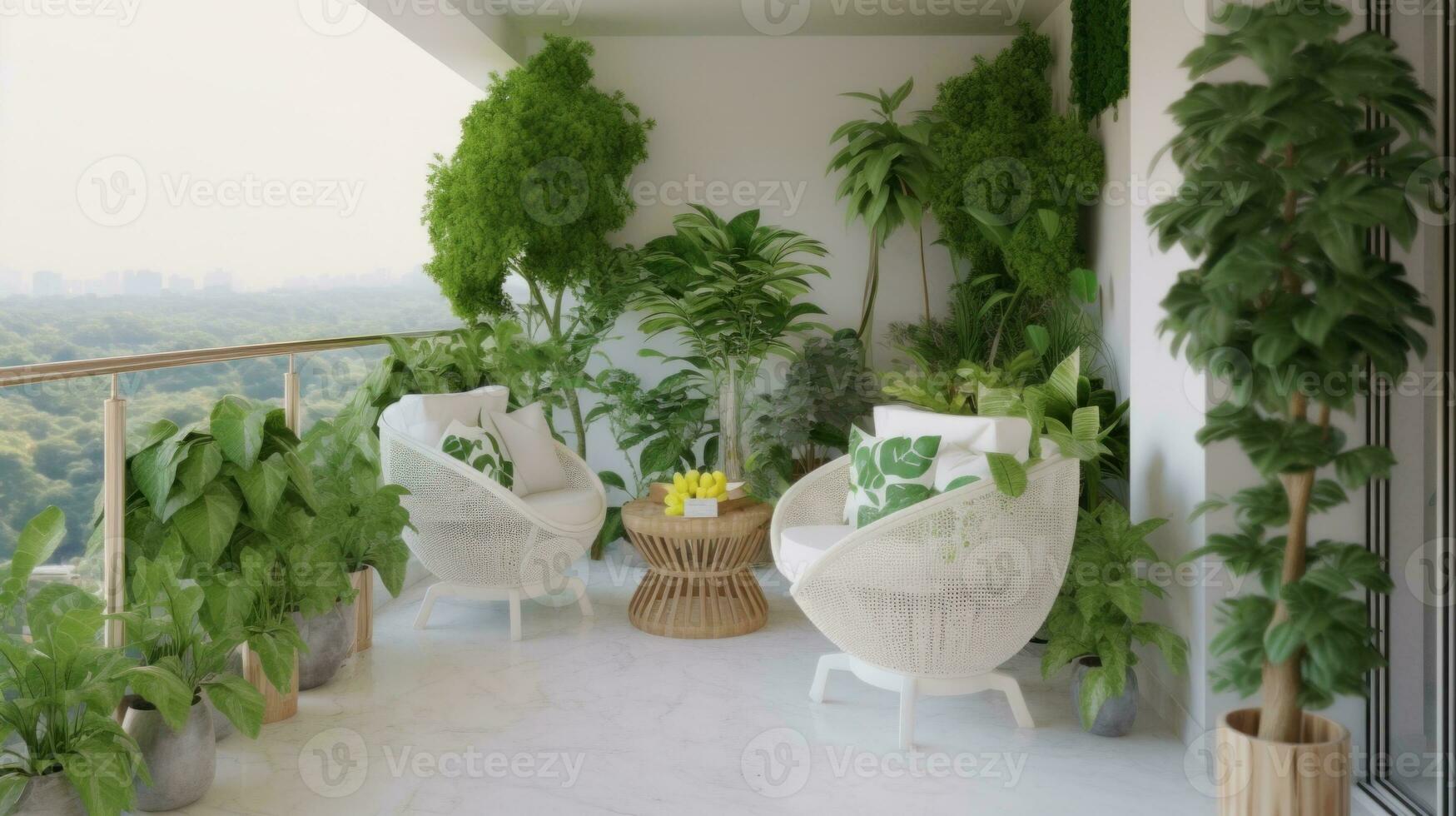 AI Generated A balcony with white wicker chairs and potted plants, AI photo