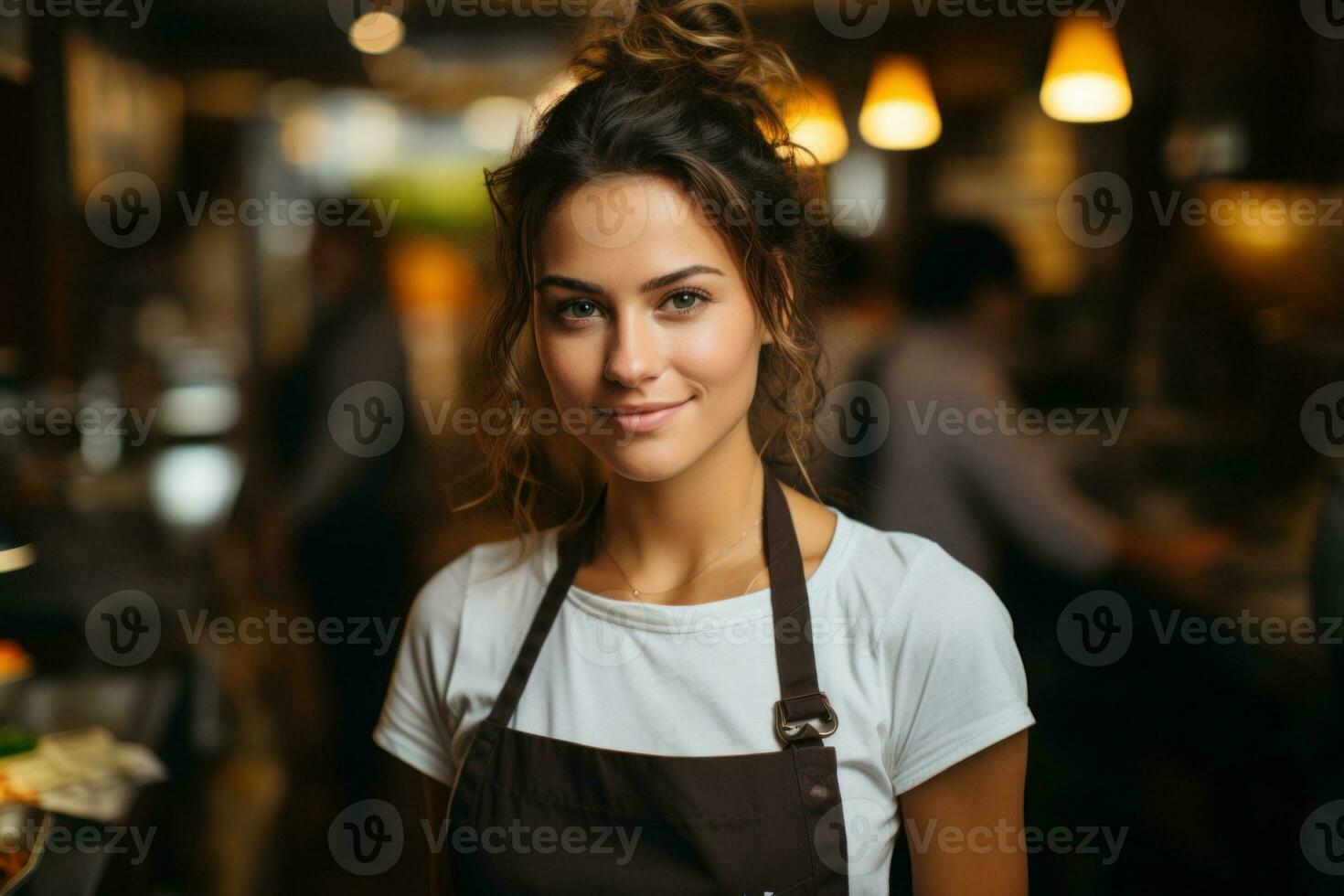 ai generado un mujer en un delantal en pie en un restaurante, ai foto