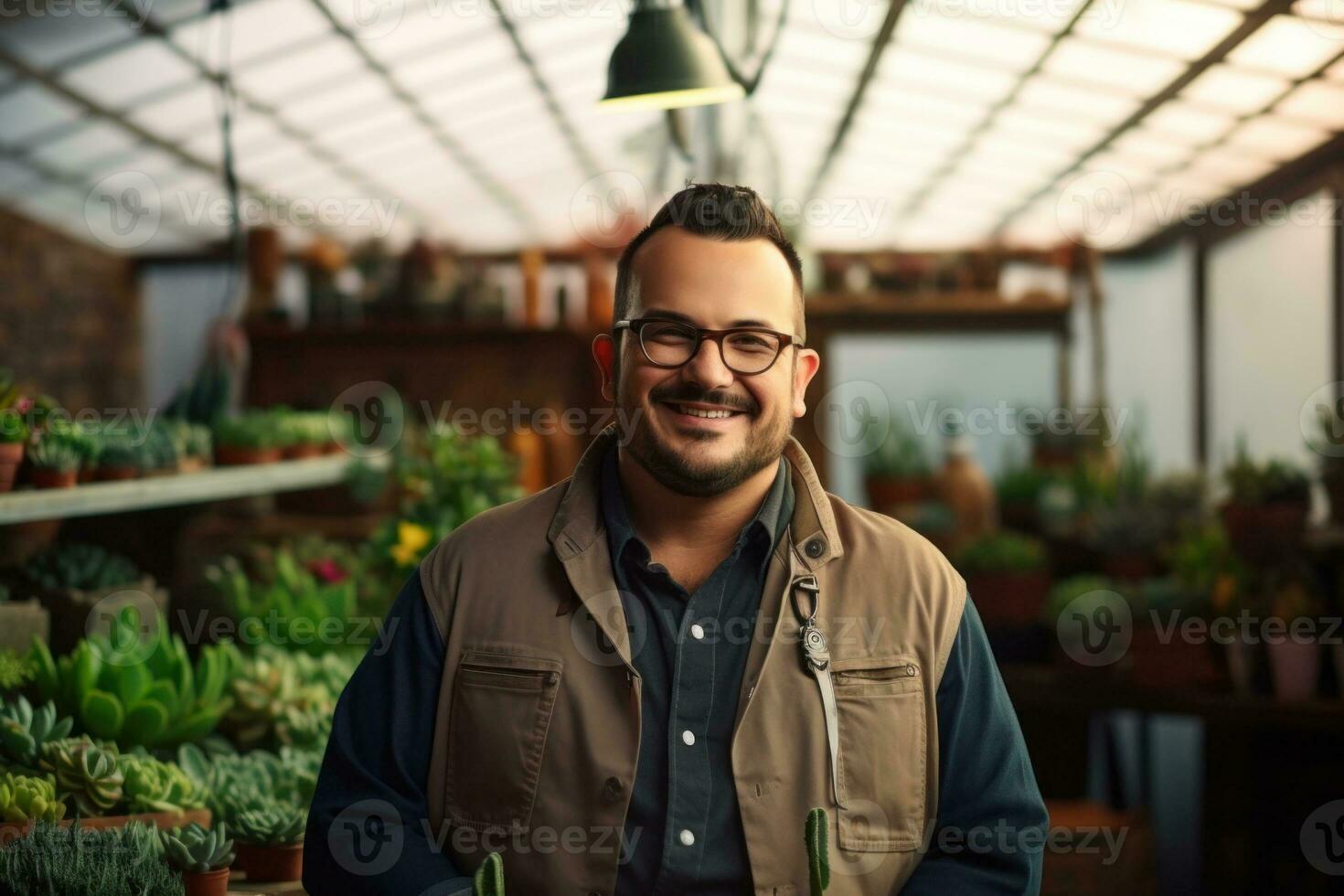 AI Generated A man standing in front of a bunch of plants, AI photo