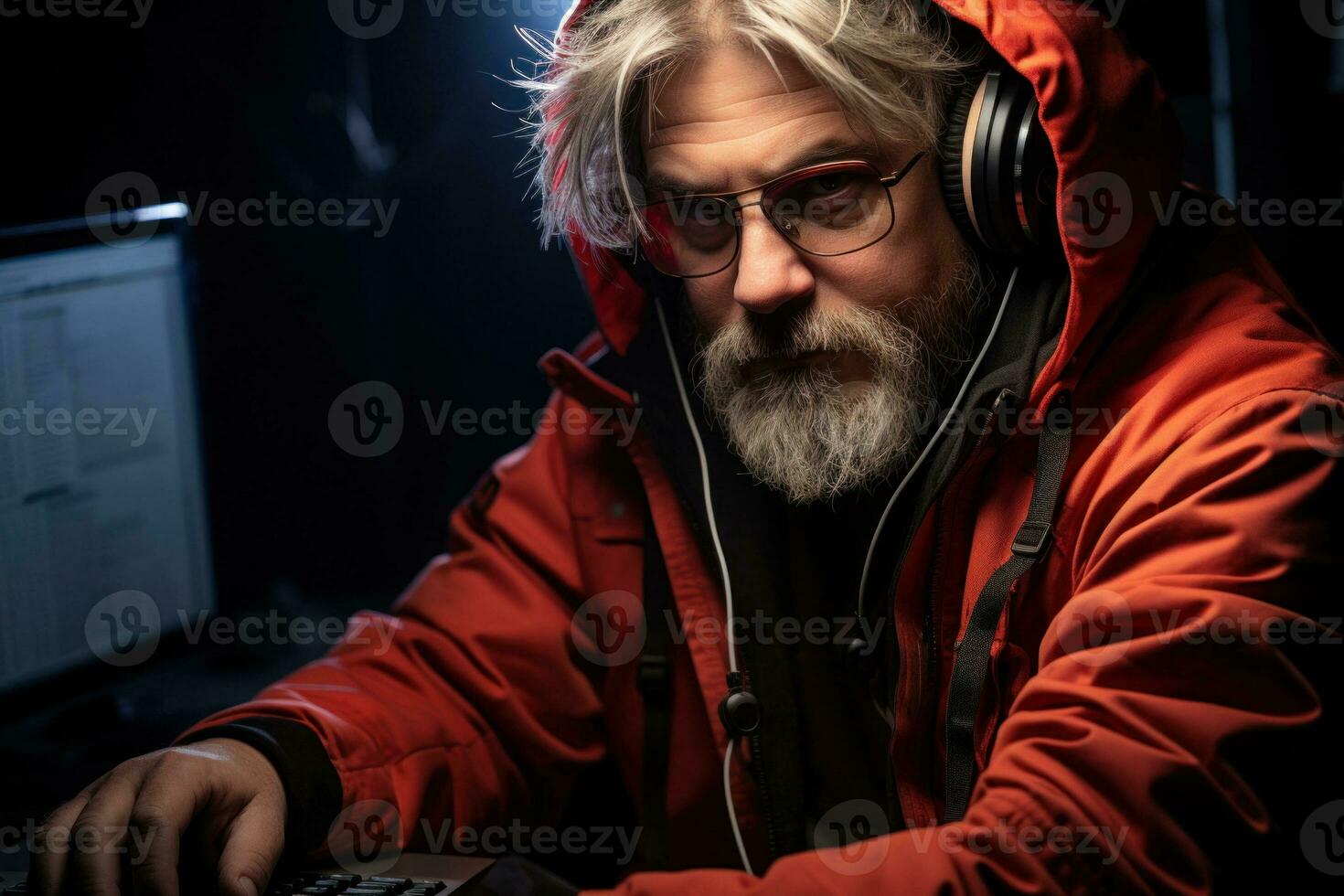 AI Generated A man in a red jacket is using a computer, AI photo