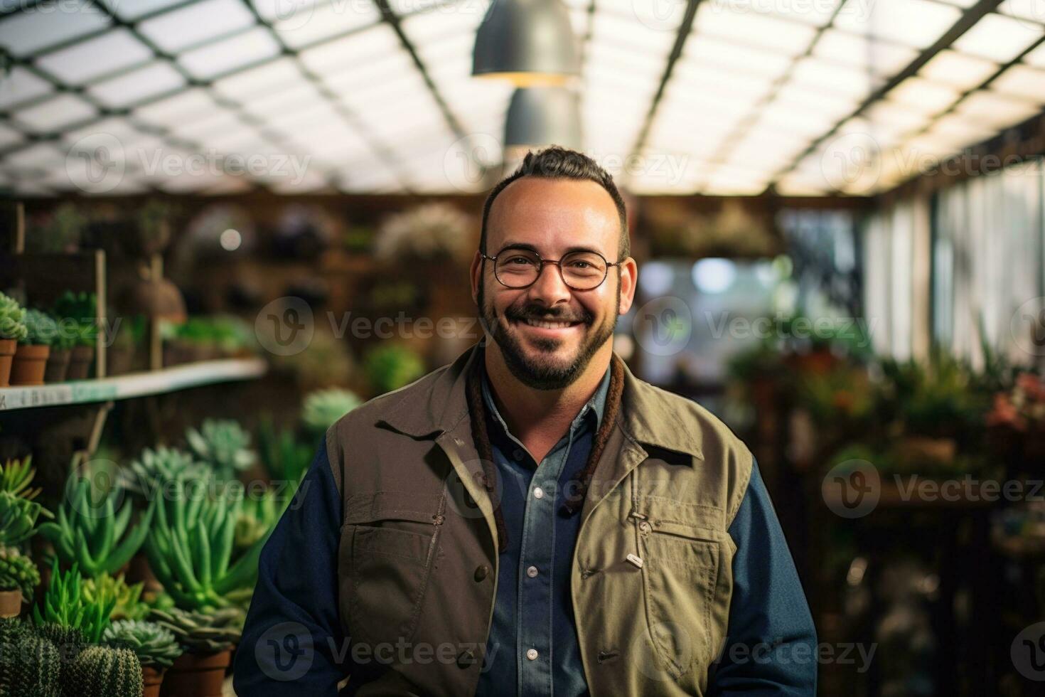 AI Generated A man standing in front of a bunch of plants, AI photo