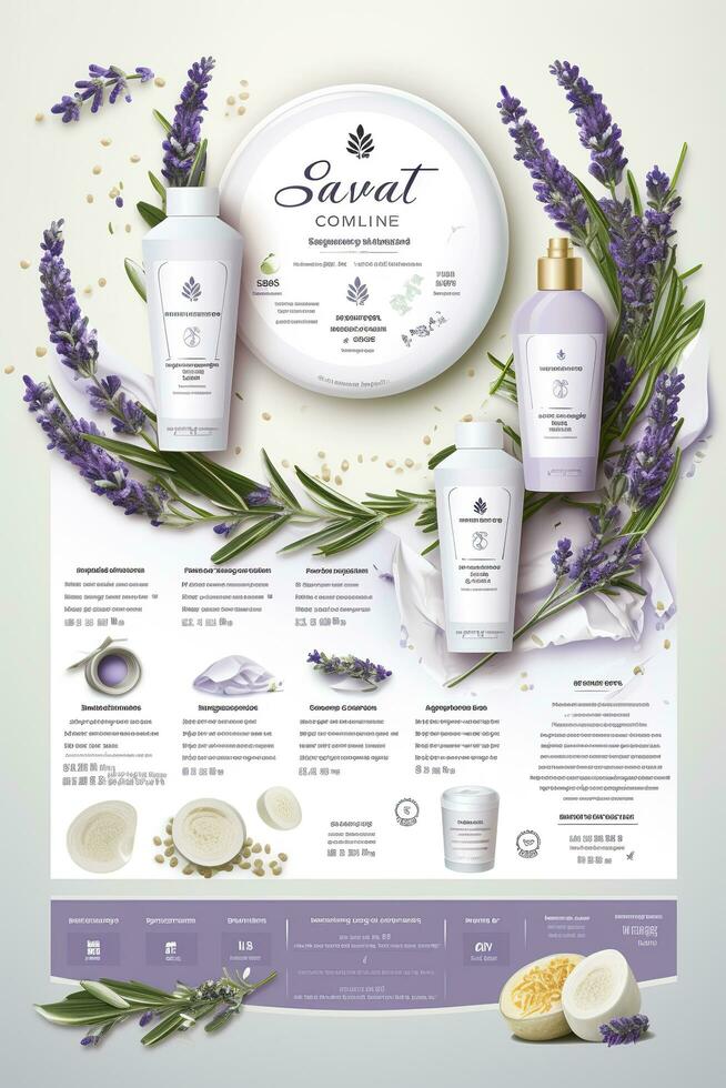 AI generated Beautiful flyer to present a store that sells products, body care, soap, cream, oil. Generative AI photo