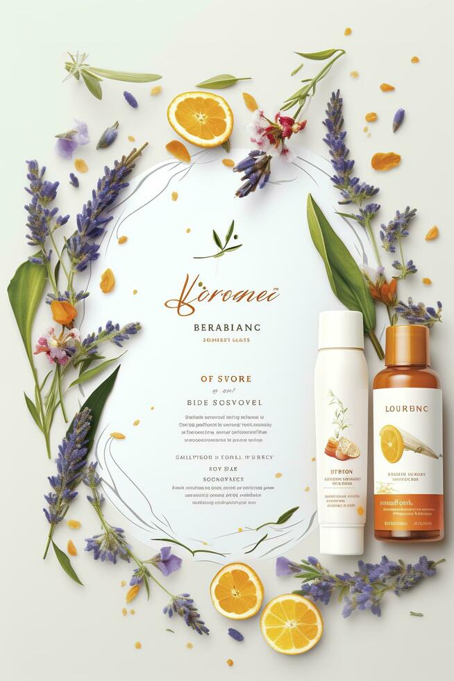 AI generated Beautiful flyer to present a store that sells products, body care, soap, cream, oil. Generative AI photo