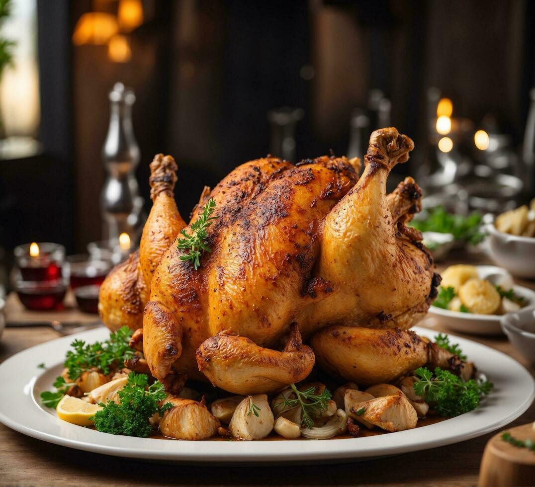 AI generated Whole roasted chicken with potatoes and parsley on a white plate photo