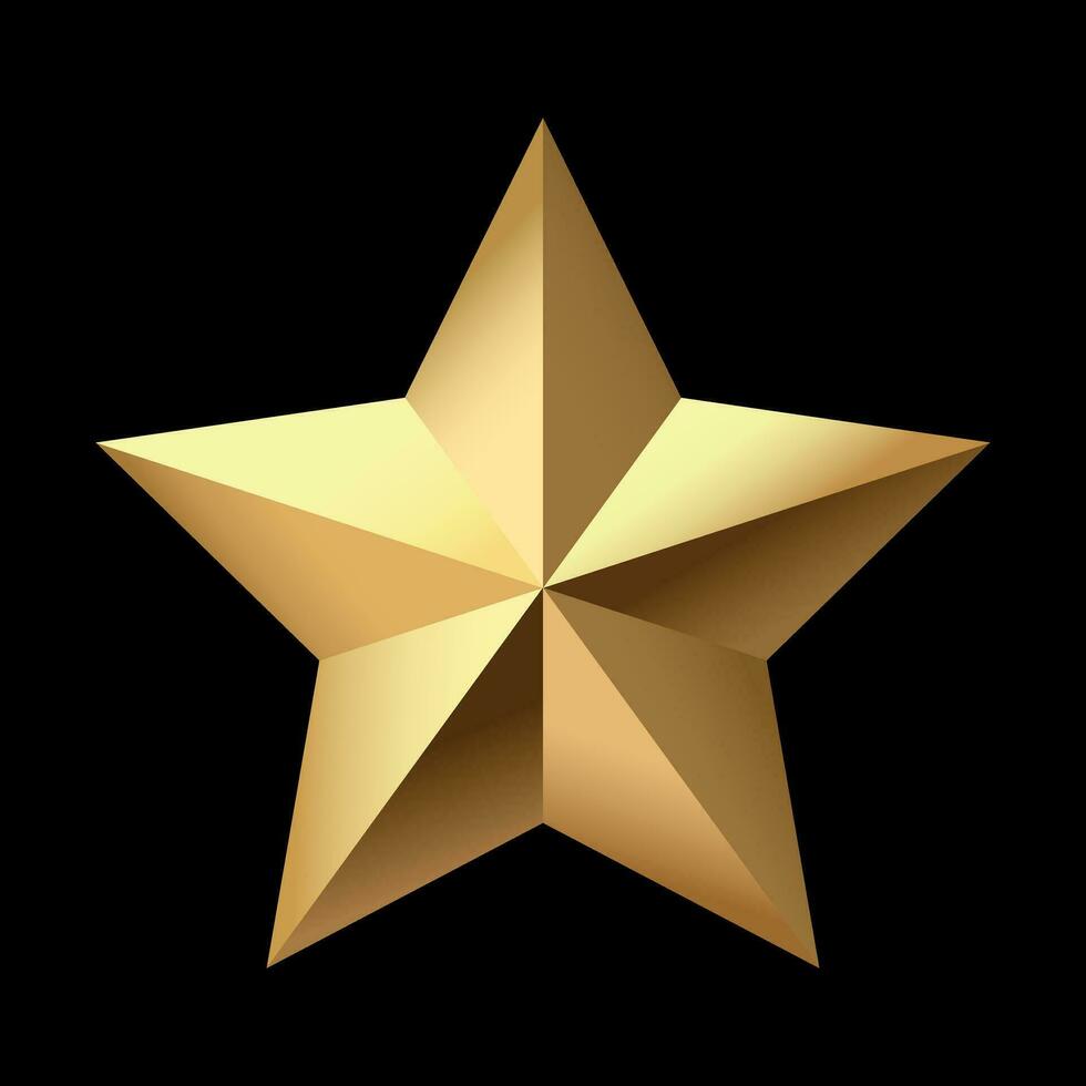 Golden Christmas 3d Star metal glossy bright shine five angle star shape isolated on black Background. Icon for holiday design element. vector