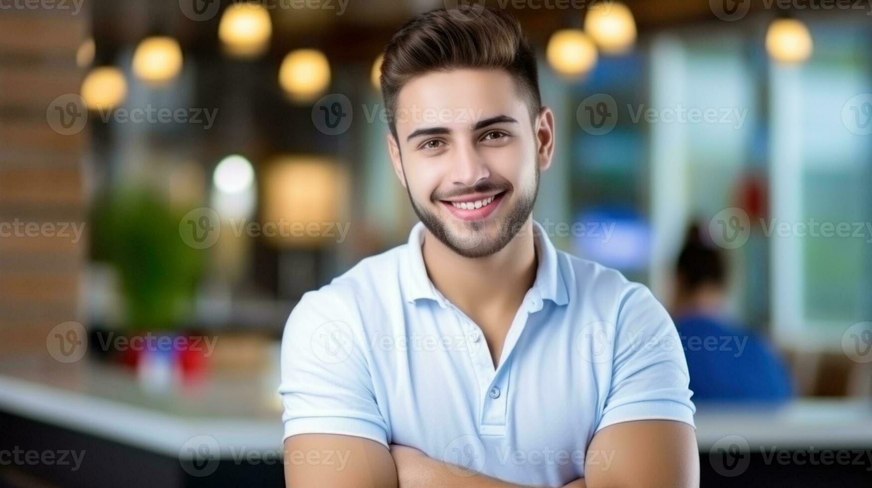 ai generado un hombre en un blanco camisa en pie con su brazos cruzado, ai foto