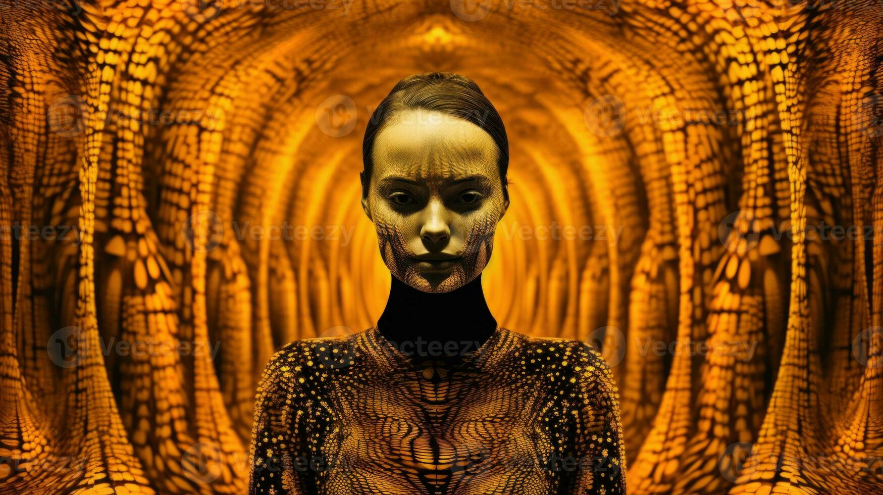 AI Generated A woman in a gold dress standing in a tunnel, AI photo