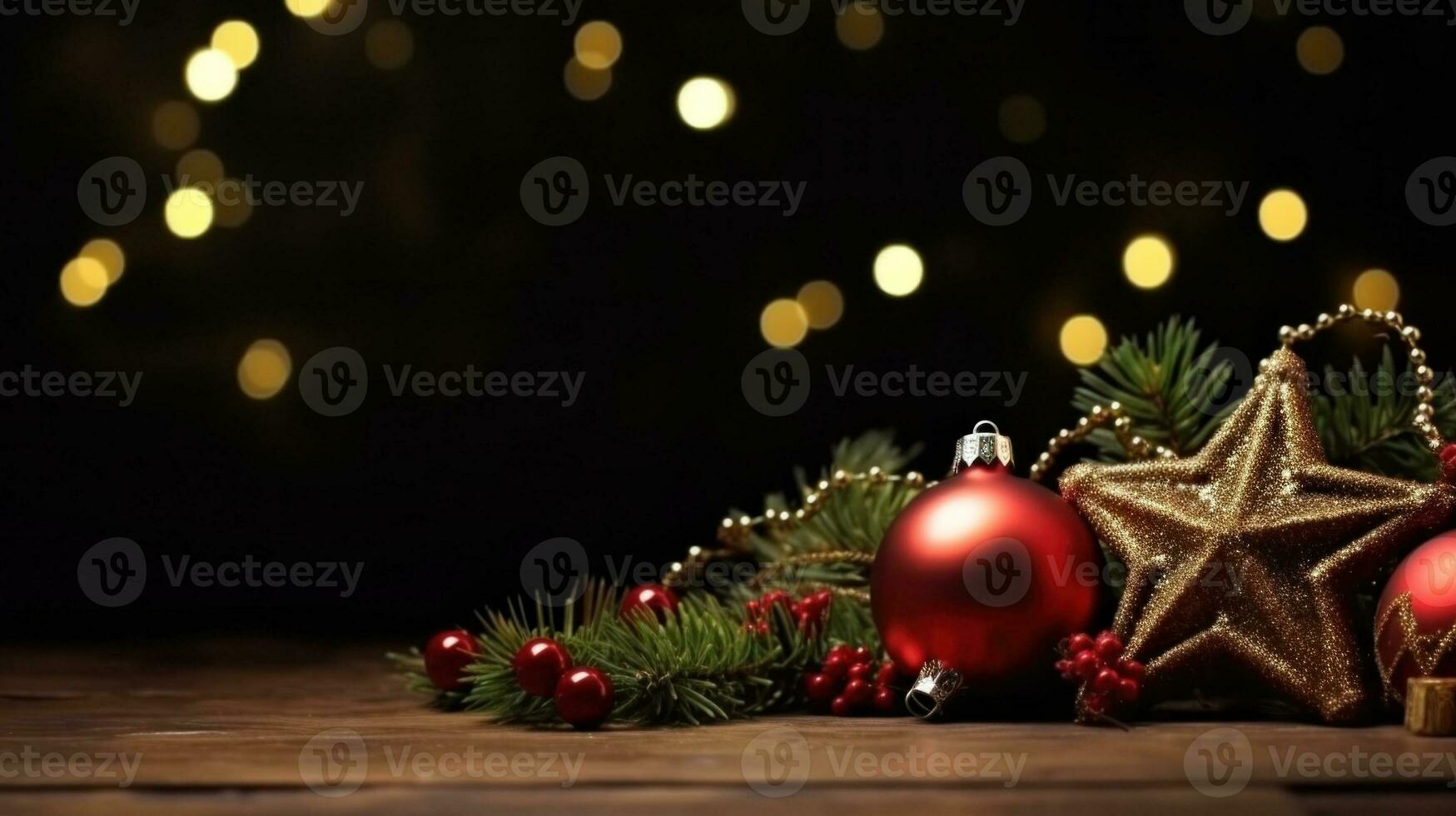 AI Generated Christmas decorations on a wooden table with bokeh lights in the background, AI photo
