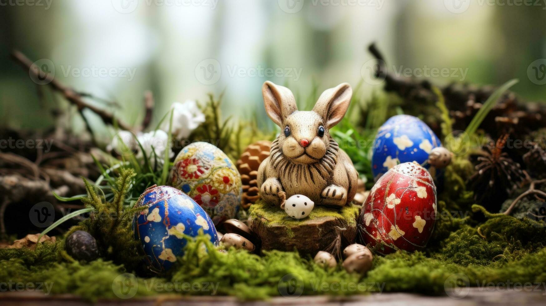 AI Generated A rabbit figurine sitting in a mossy nest, AI photo