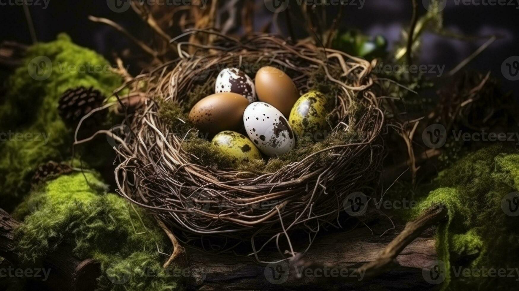 AI Generated A nest filled with three eggs and moss, AI photo