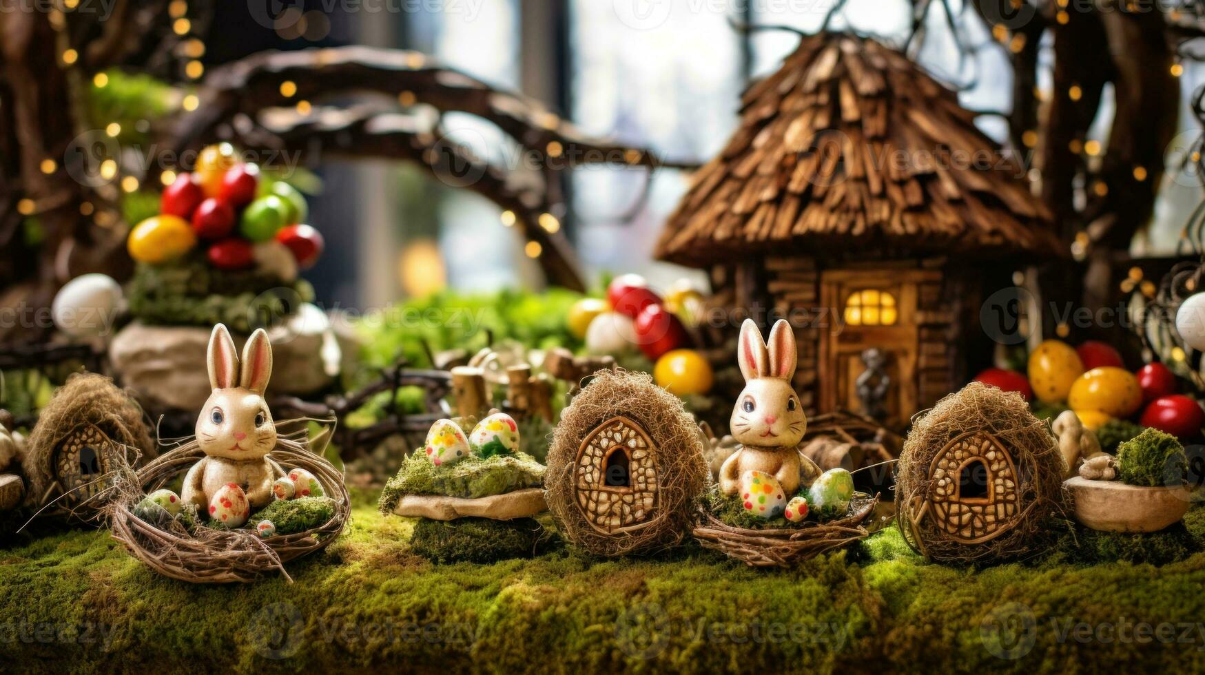 AI Generated A table topped with a bunch of small figurines of bunnies, AI photo