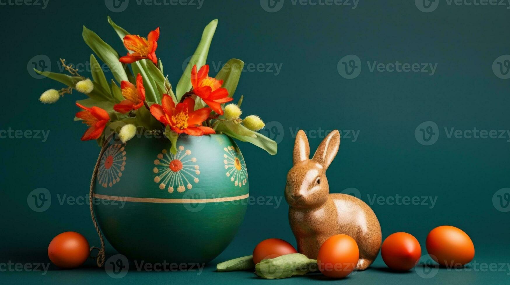 AI Generated A green vase with orange flowers and a gold bunny figurine, AI photo