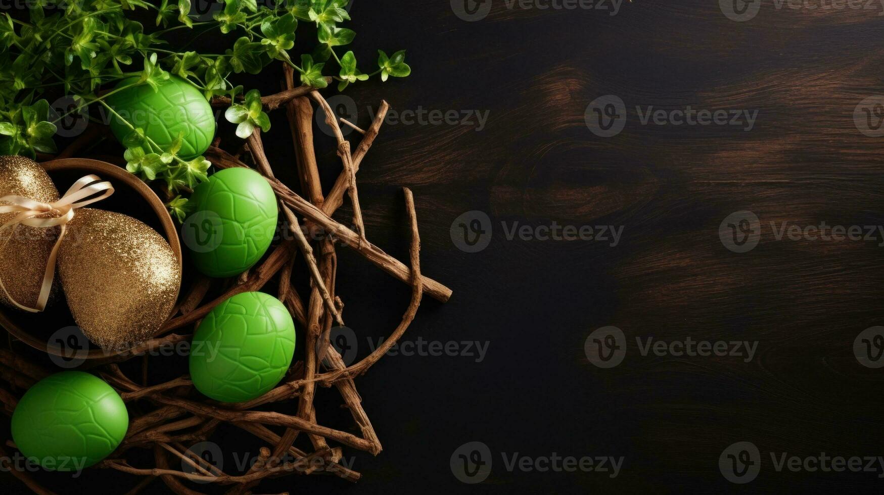 AI Generated A nest filled with green and brown easter eggs, AI photo