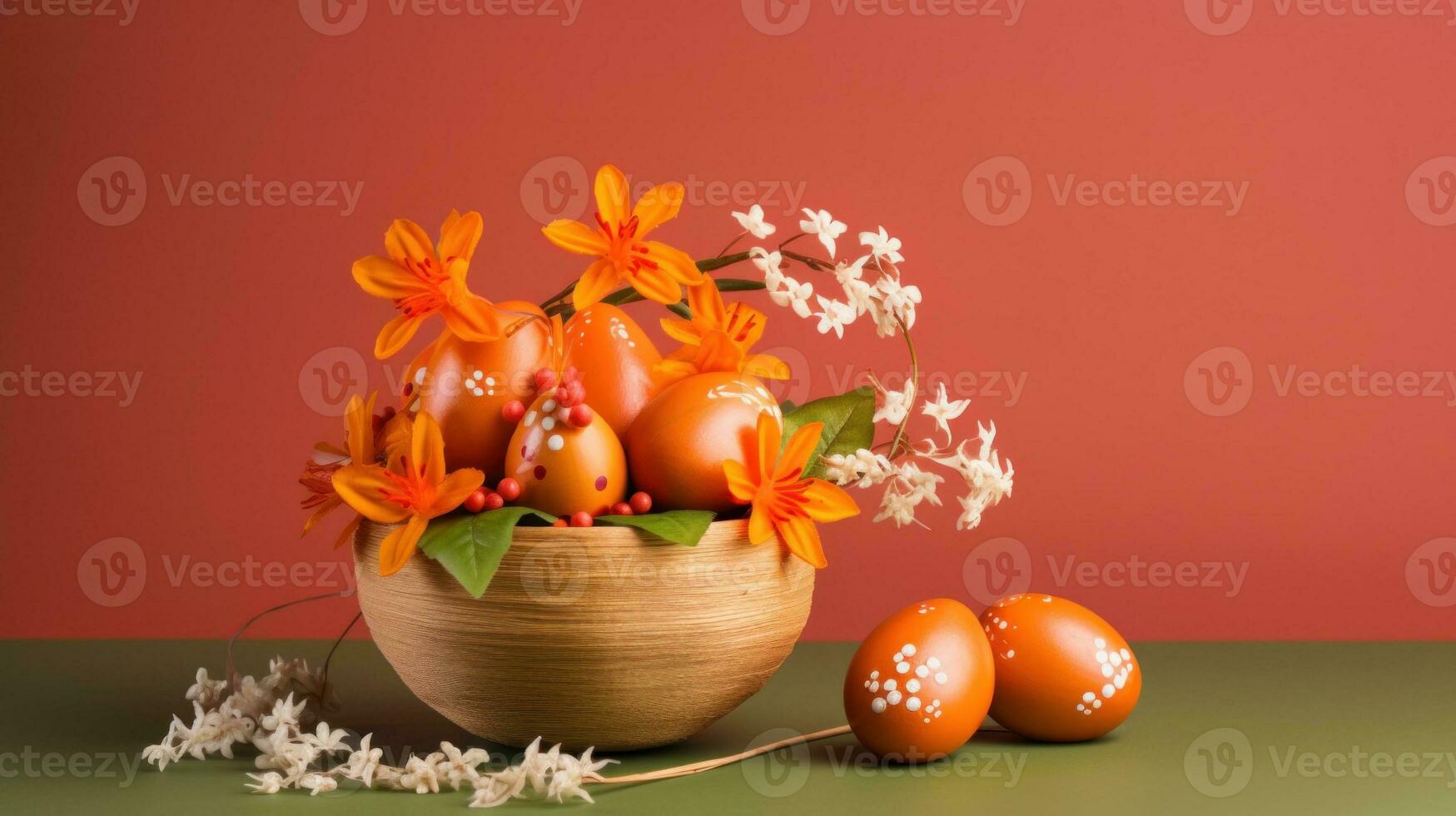 AI Generated A wooden bowl filled with eggs and flowers, AI photo