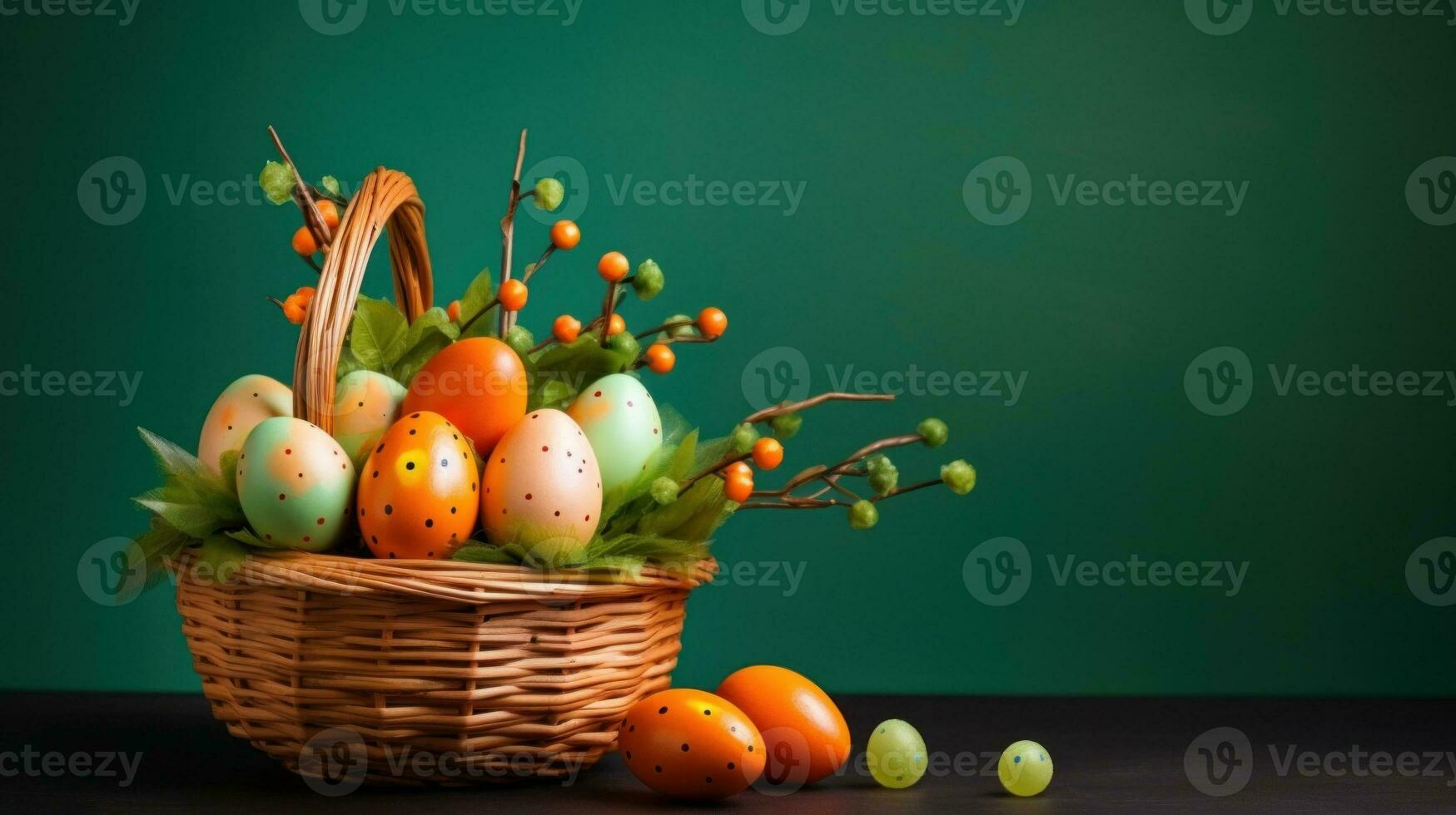AI Generated A basket filled with eggs and berries on a table, AI photo