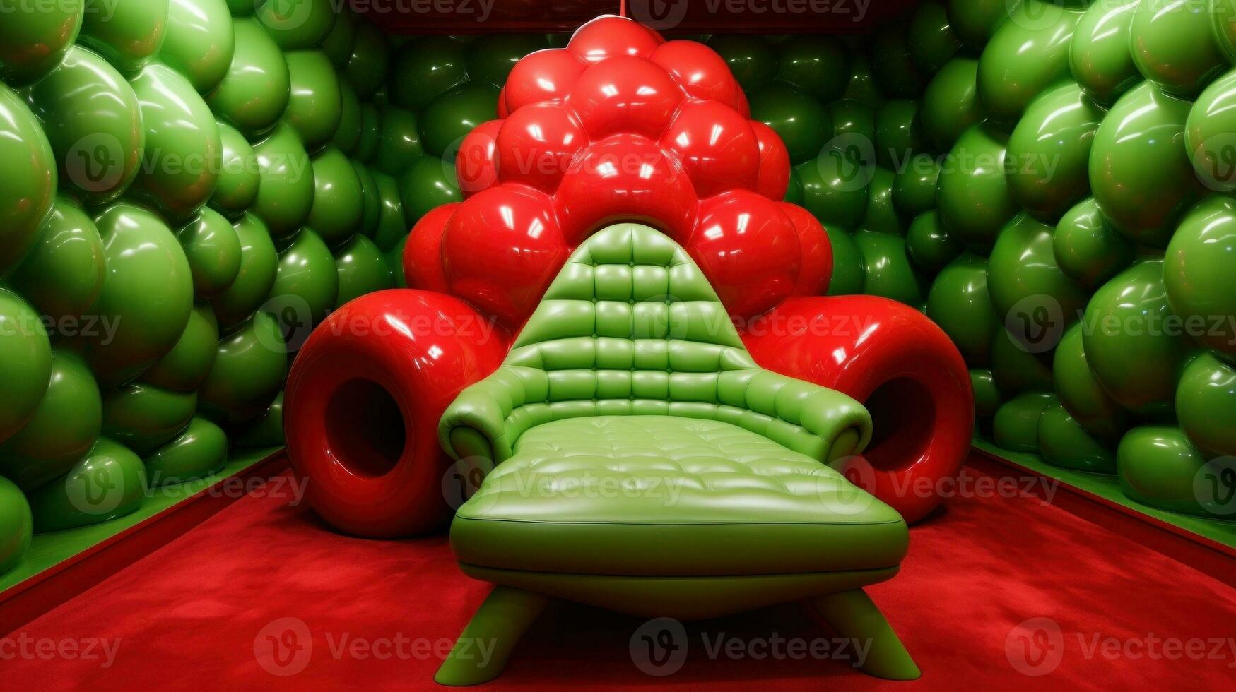 AI Generated A green chair sitting in a room filled with red and green balloons, AI photo