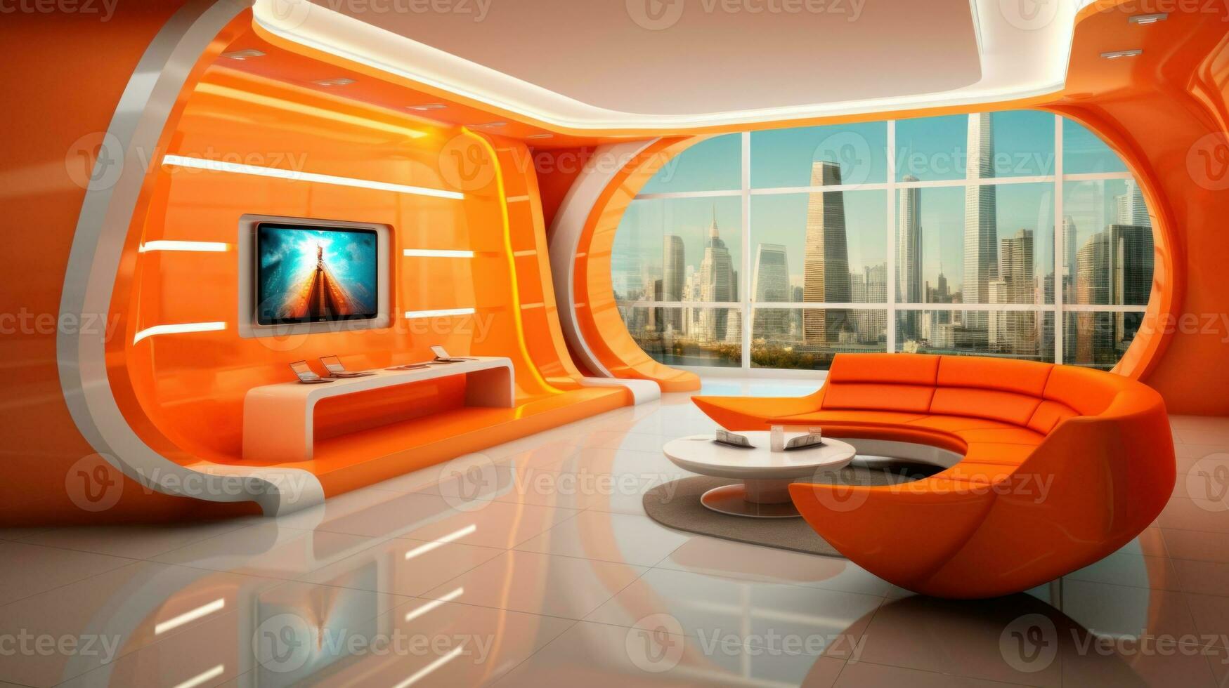AI Generated A living room with orange furniture and a large window, AI photo