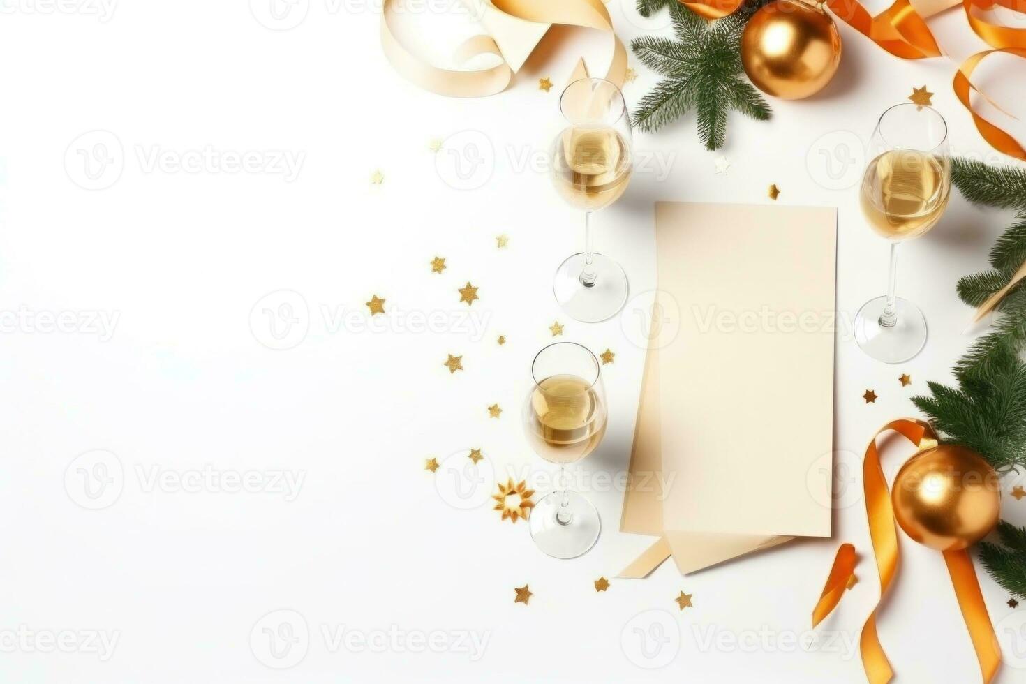 AI Generated A table topped with champagne glasses and christmas decorations, AI photo