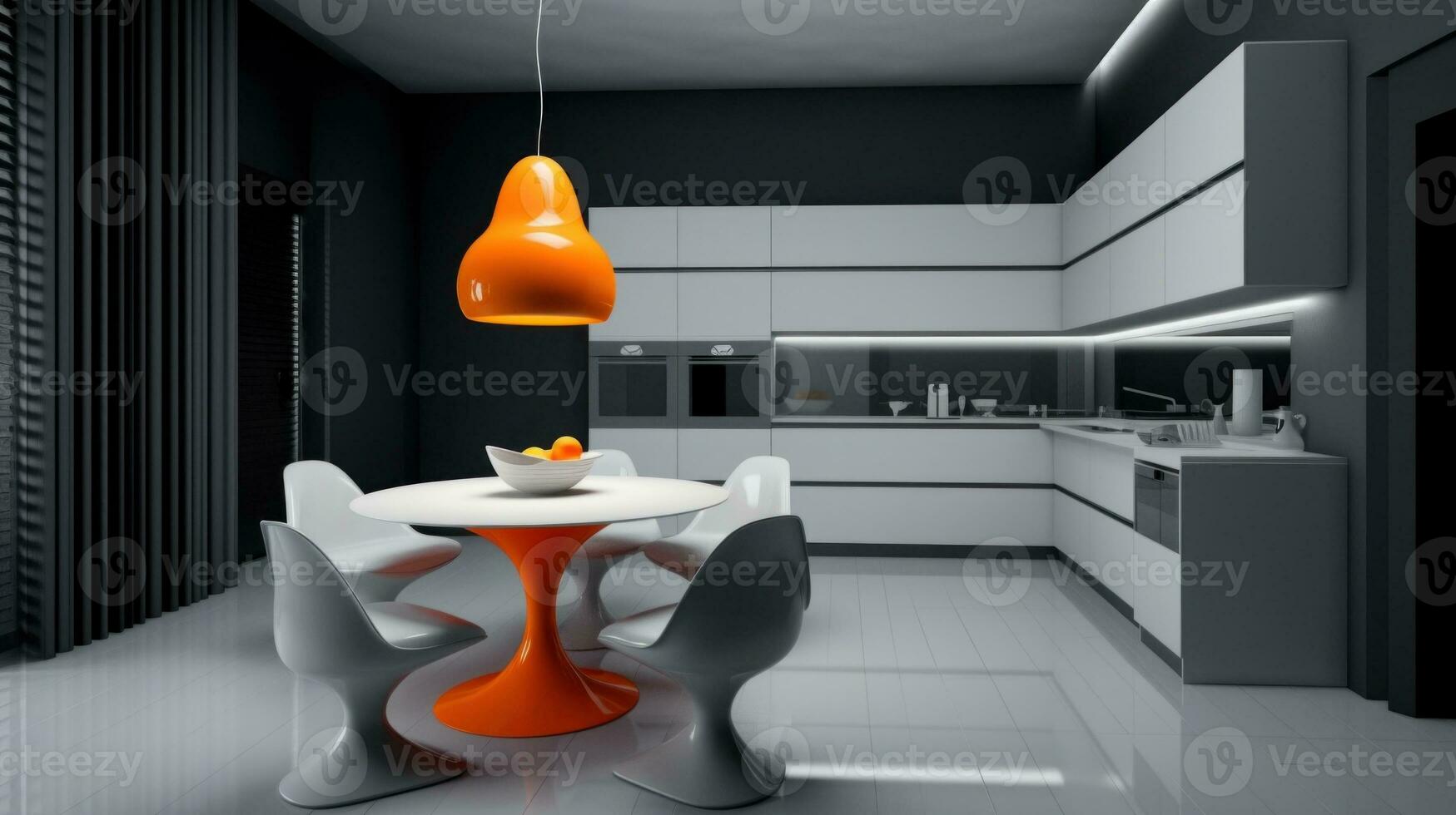 AI Generated A white and orange kitchen with a table and chairs, AI photo