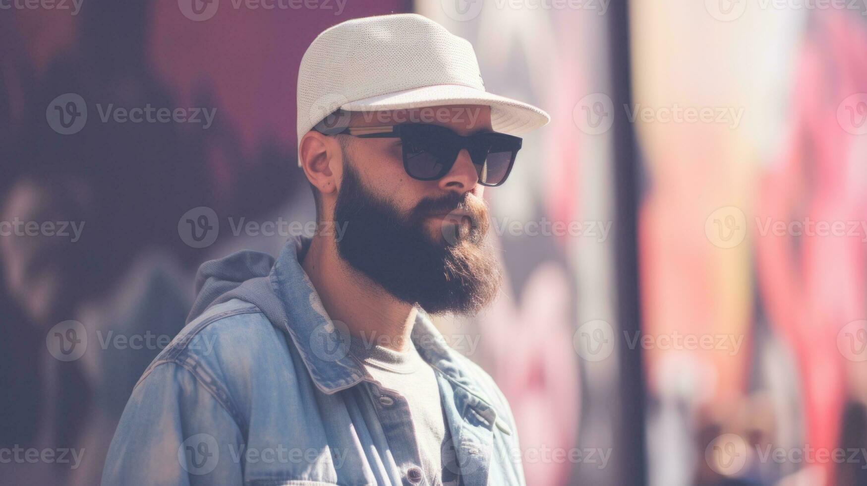 AI Generated A man with a beard wearing a hat and sunglasses, AI photo