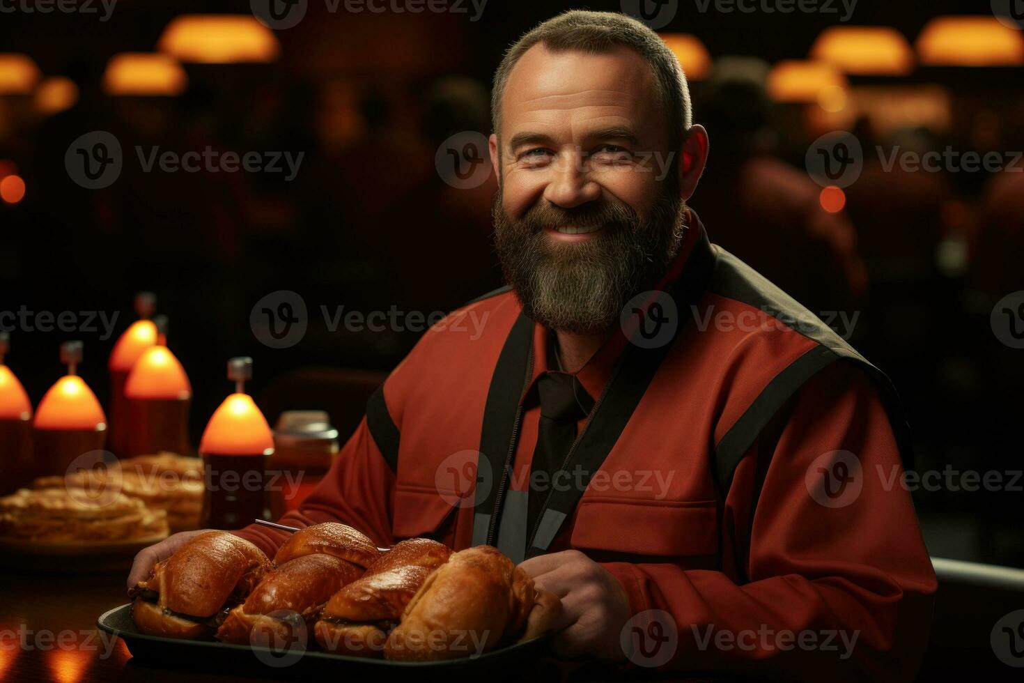 AI Generated A man with a beard holding a tray of food, AI photo