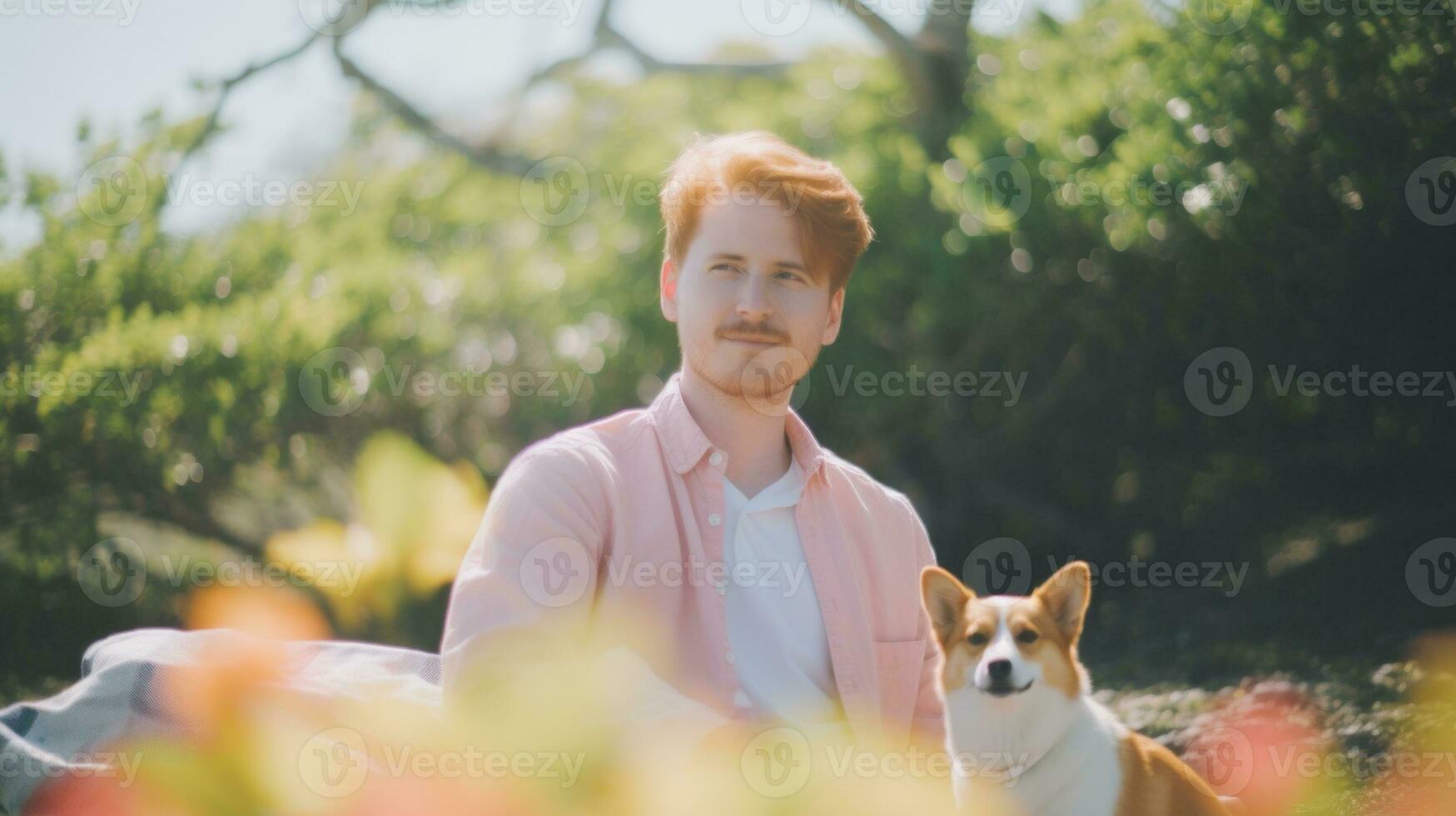 AI Generated A man and his dog are sitting in the grass, AI photo