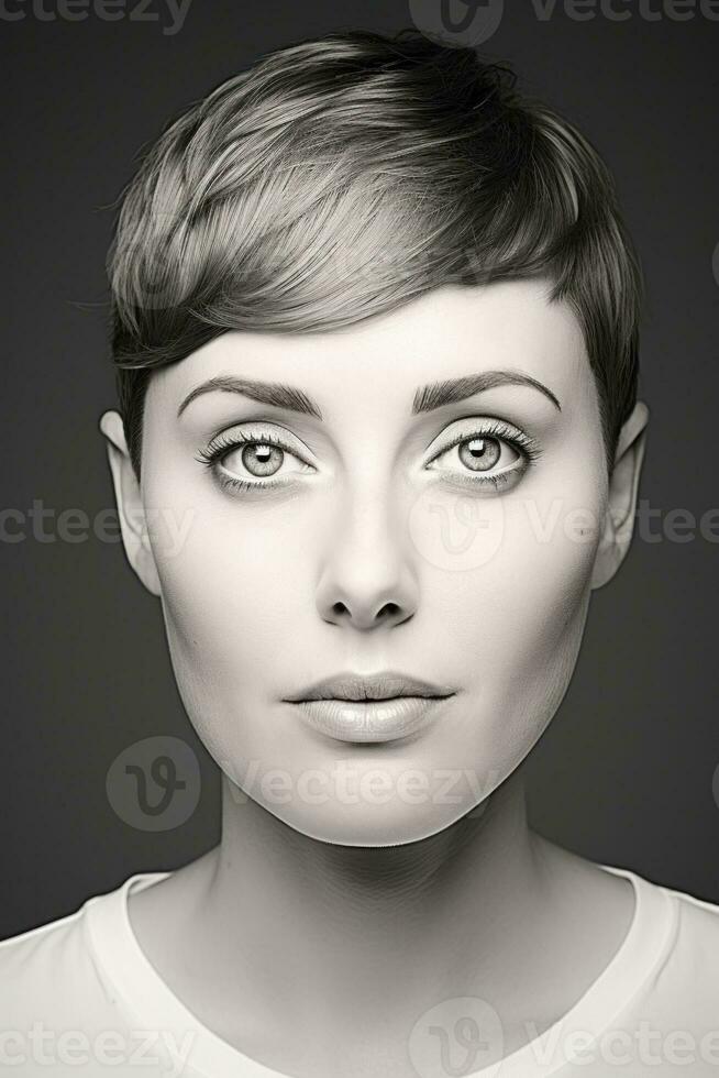 AI Generated A black and white photo of a woman with short hair, AI