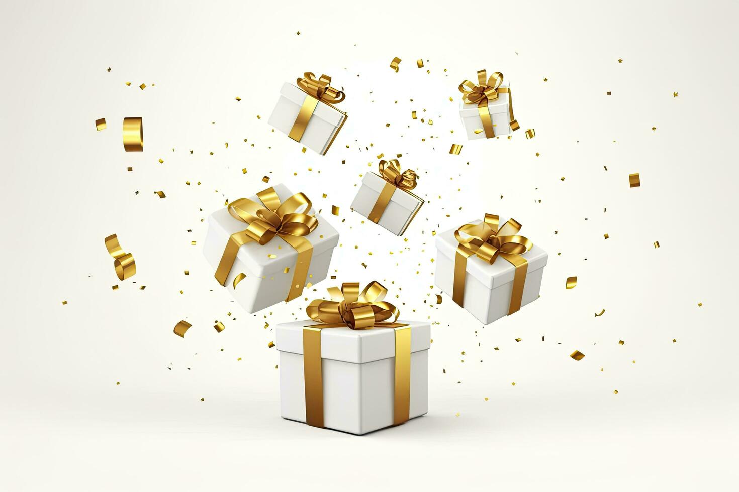 AI generated Merry New Year and Merry Christmas 2024 white gift boxes with golden bows and gold sequins confetti on white background. AI Generated photo