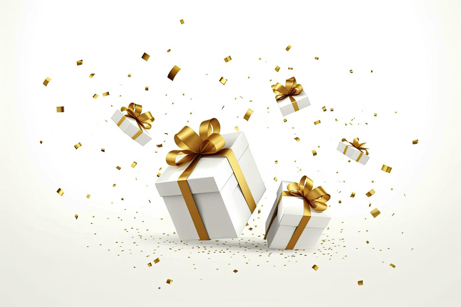 AI generated Merry New Year and Merry Christmas 2024 white gift boxes with golden bows and gold sequins confetti on white background. AI Generated photo