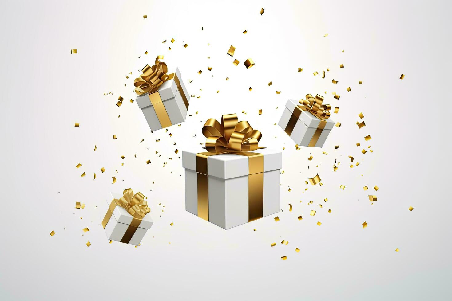 AI generated Merry New Year and Merry Christmas 2024 white gift boxes with golden bows and gold sequins confetti on white background. AI Generated photo