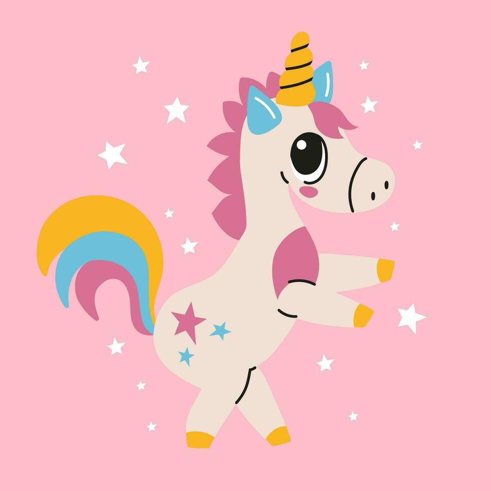 Cute cartoon magic unicorn on a pink background. Vector design. Hand drawing illustration for children.