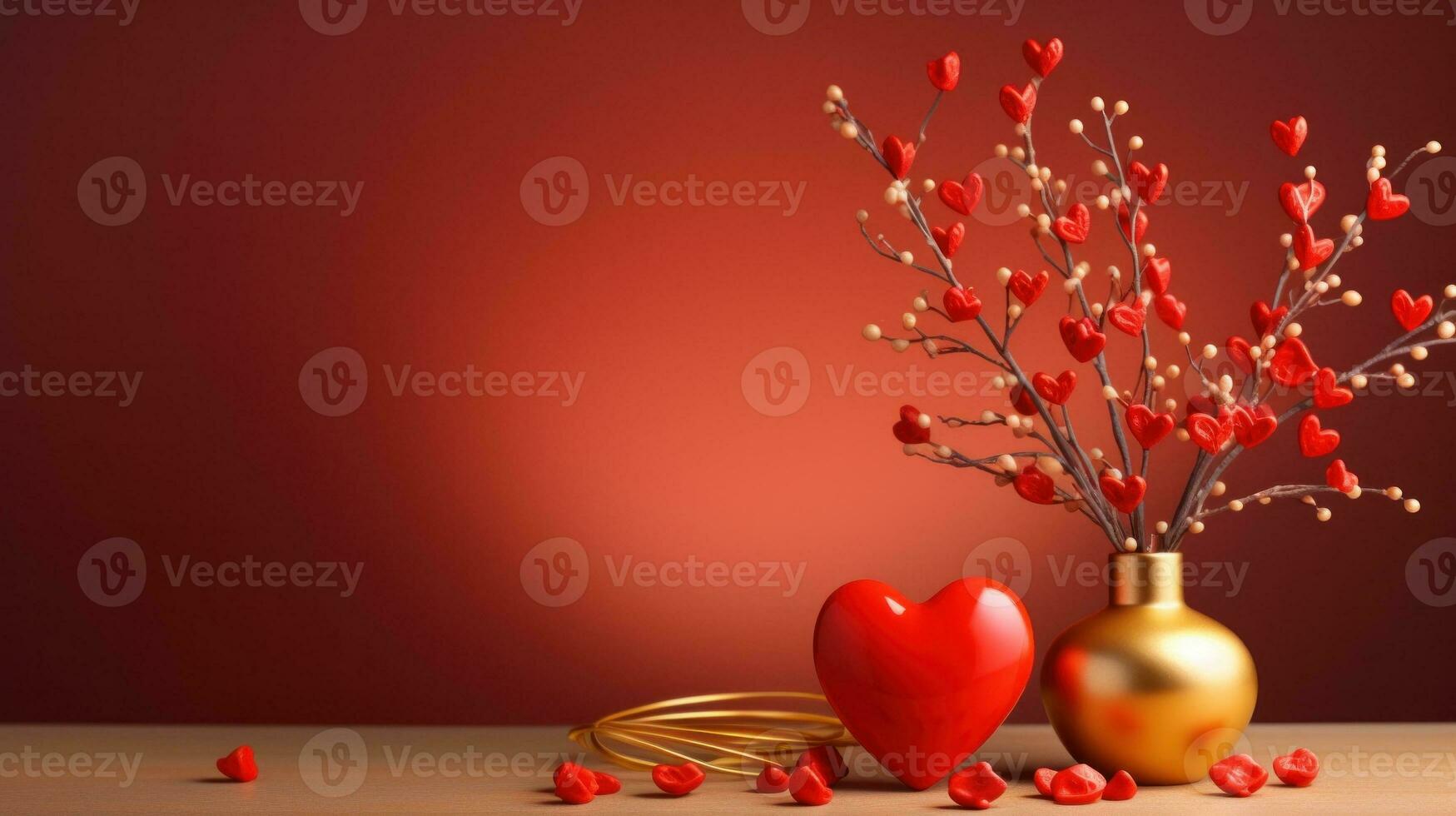 ai generado un rojo corazón y un oro florero en un mesa, ai foto