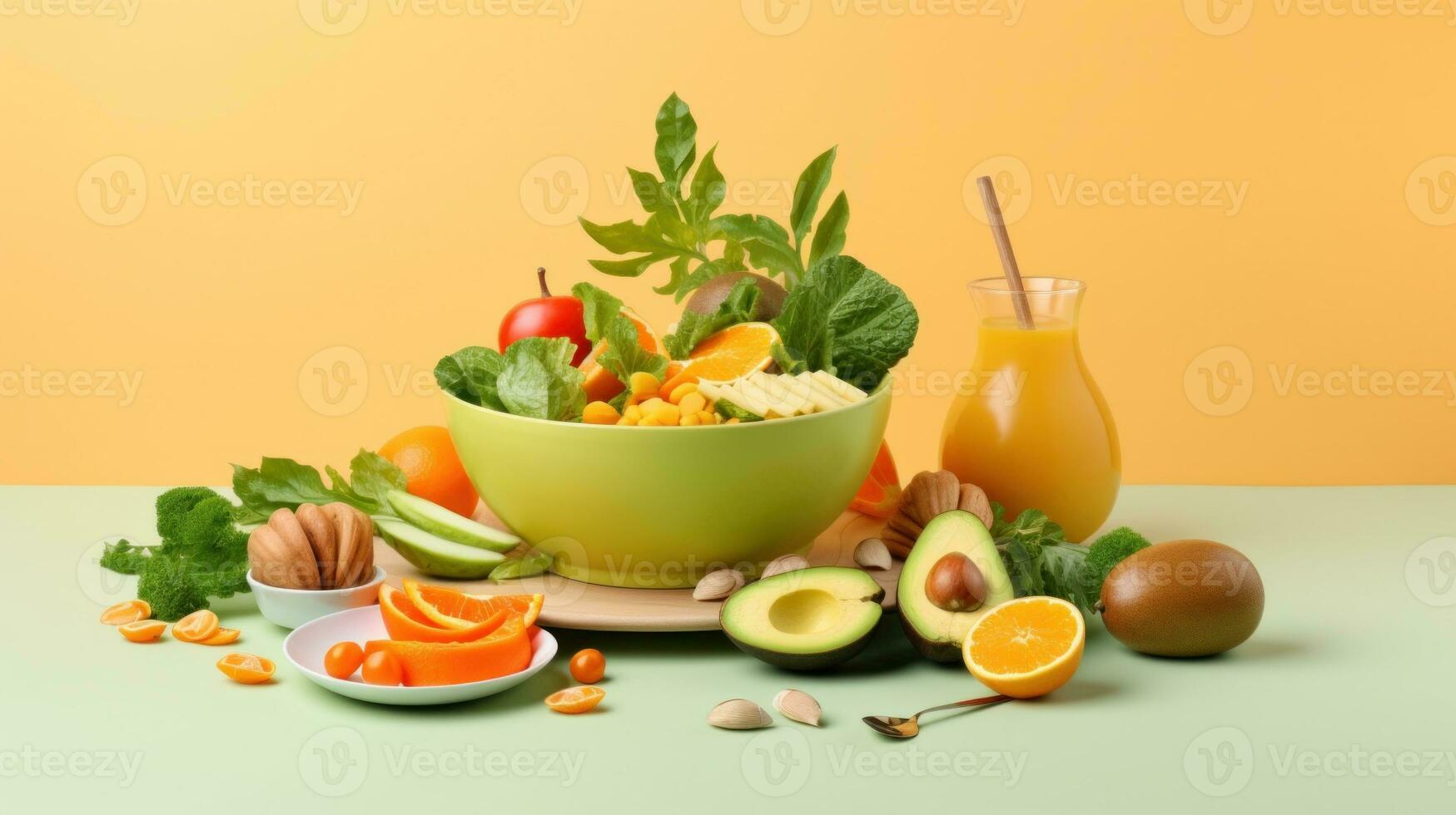 AI Generated A green bowl filled with fruit and vegetables, AI photo