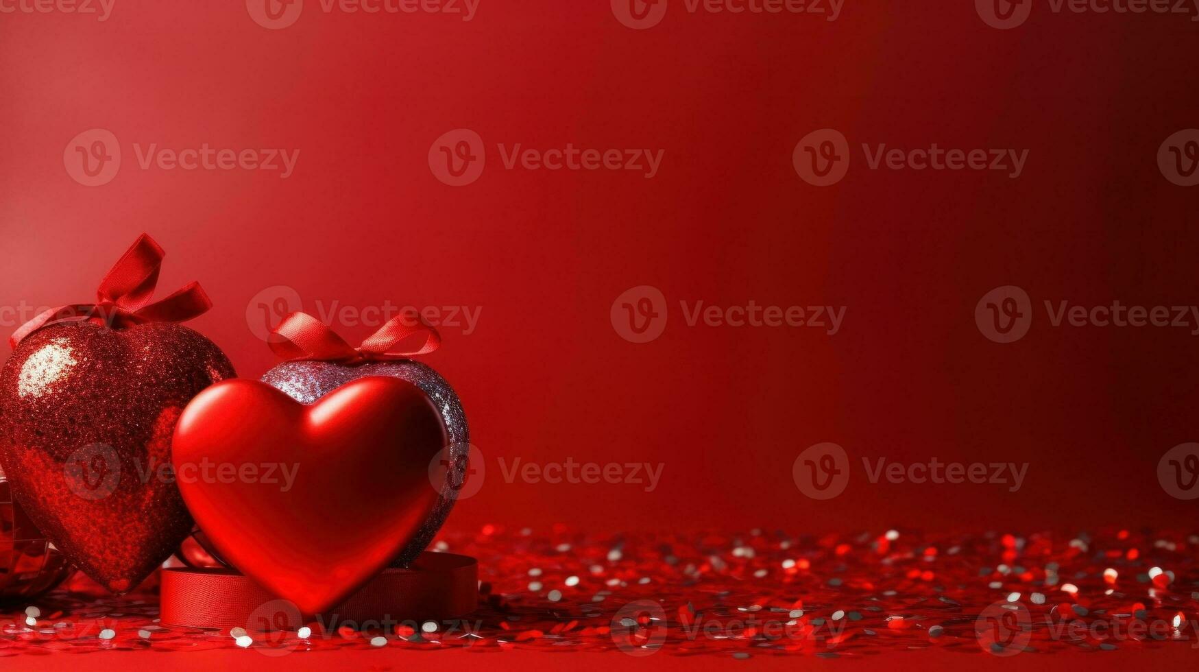 AI Generated Two red heart shaped ornaments on a red background, AI photo