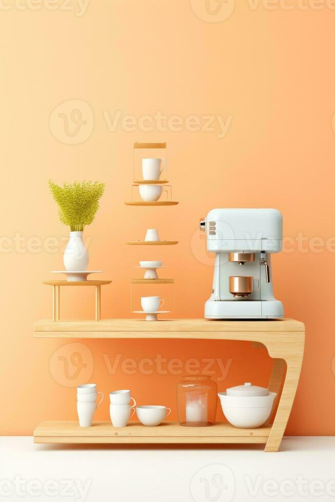 AI Generated A white coffee maker sitting on top of a wooden shelf, AI photo