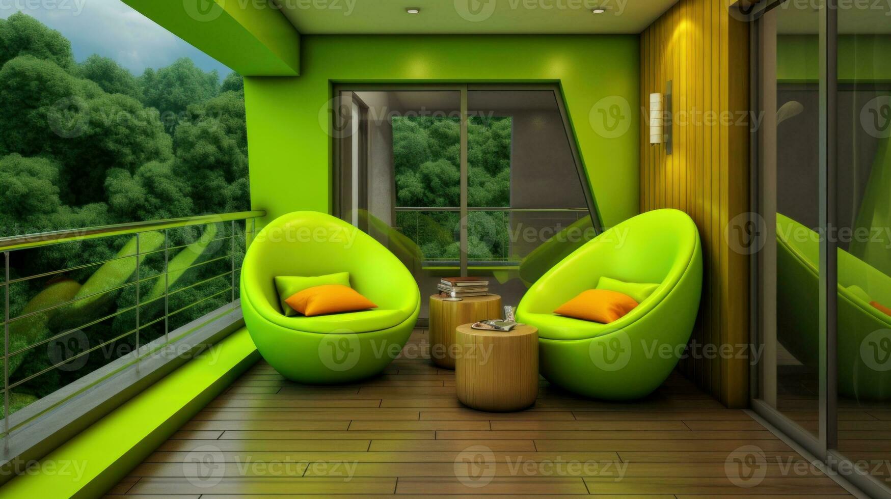 ai generado un verde habitación con dos sillas y un mesa, ai foto