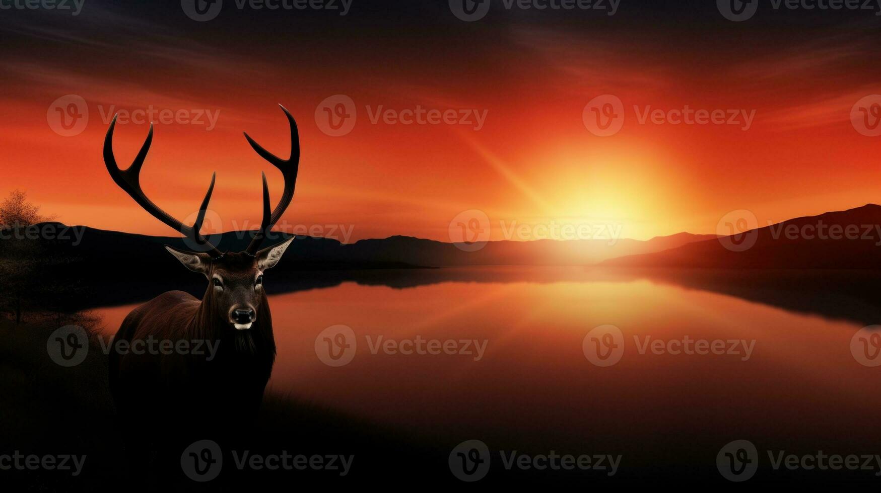 AI Generated A deer standing in front of a lake at sunset, AI photo