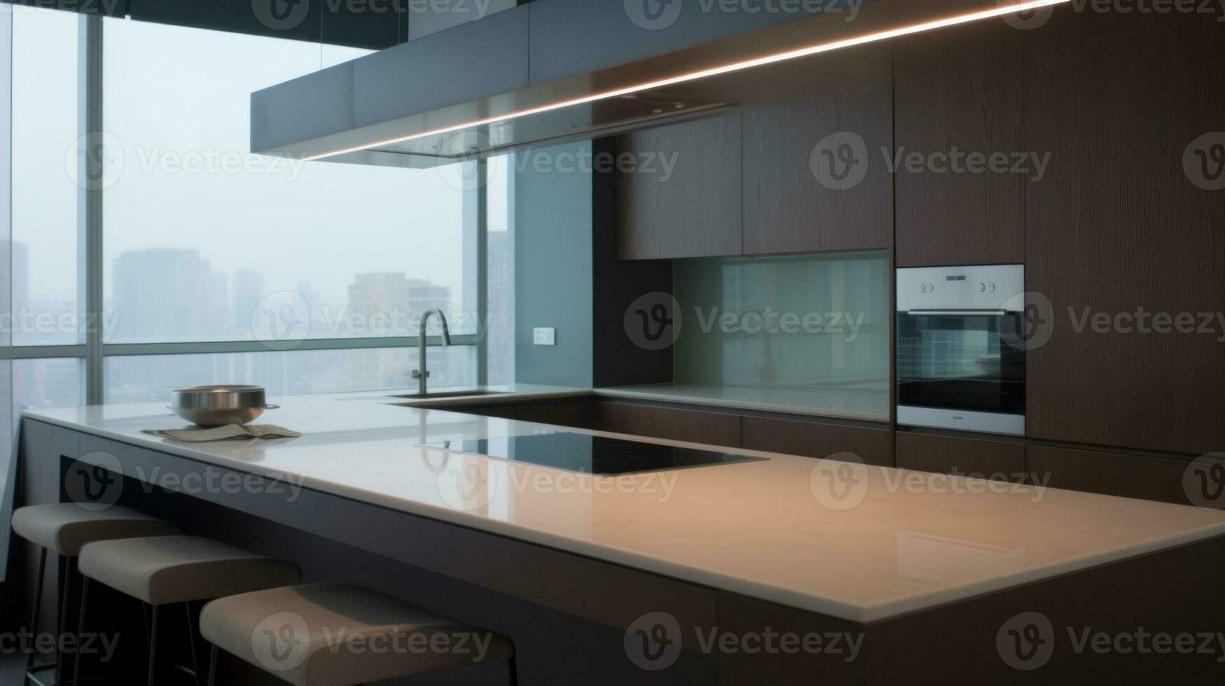 AI Generated A modern kitchen with a large window overlooking the city, AI photo