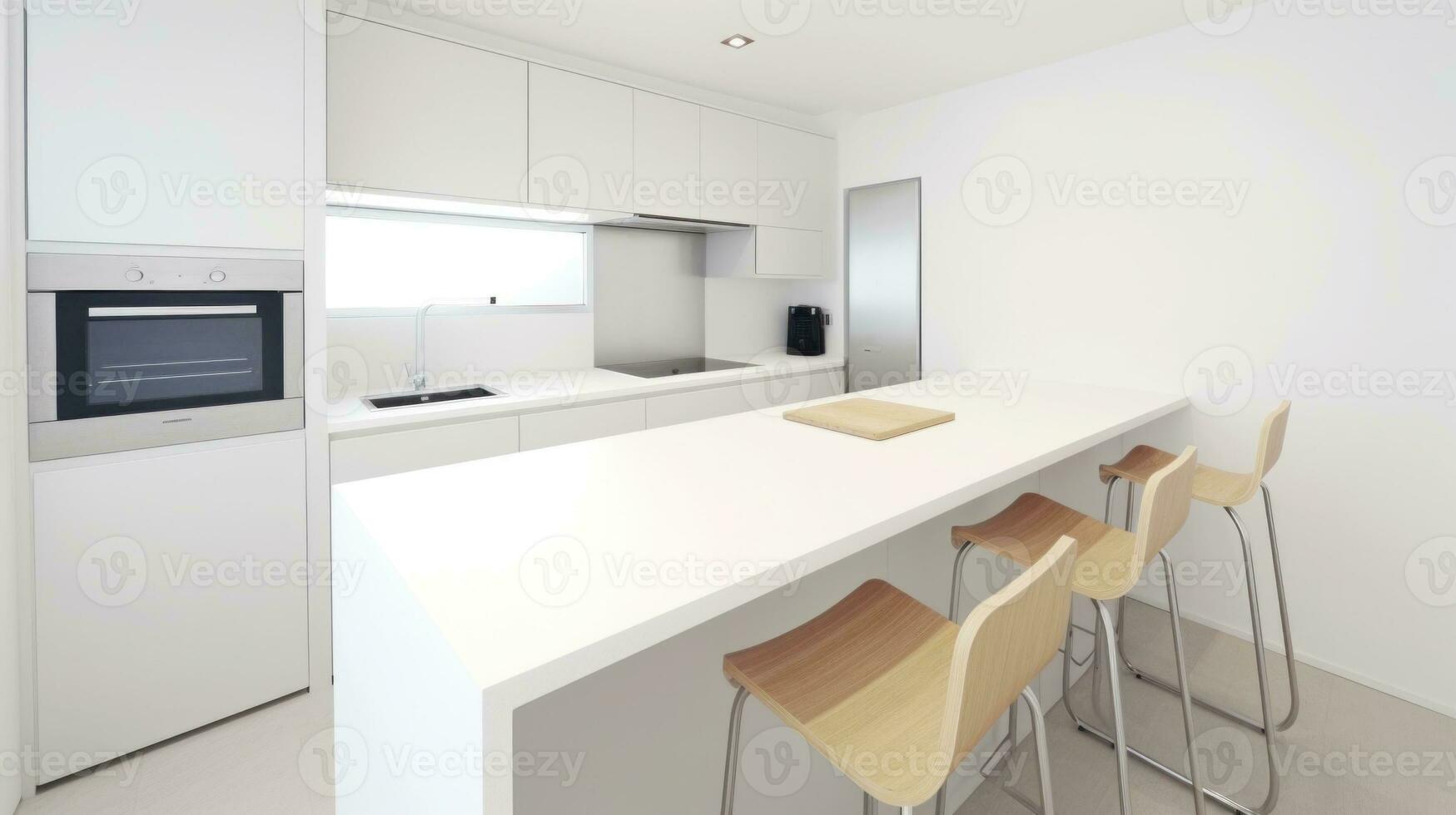 AI Generated A kitchen with a white counter top and wooden stools, AI photo