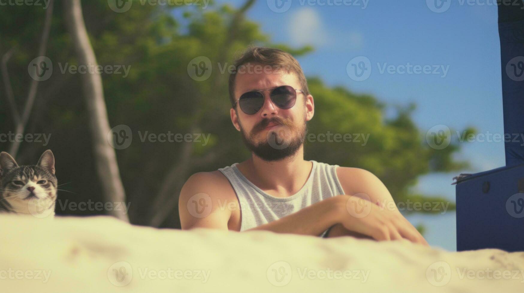 AI Generated A man sitting on a beach next to a cat, AI photo